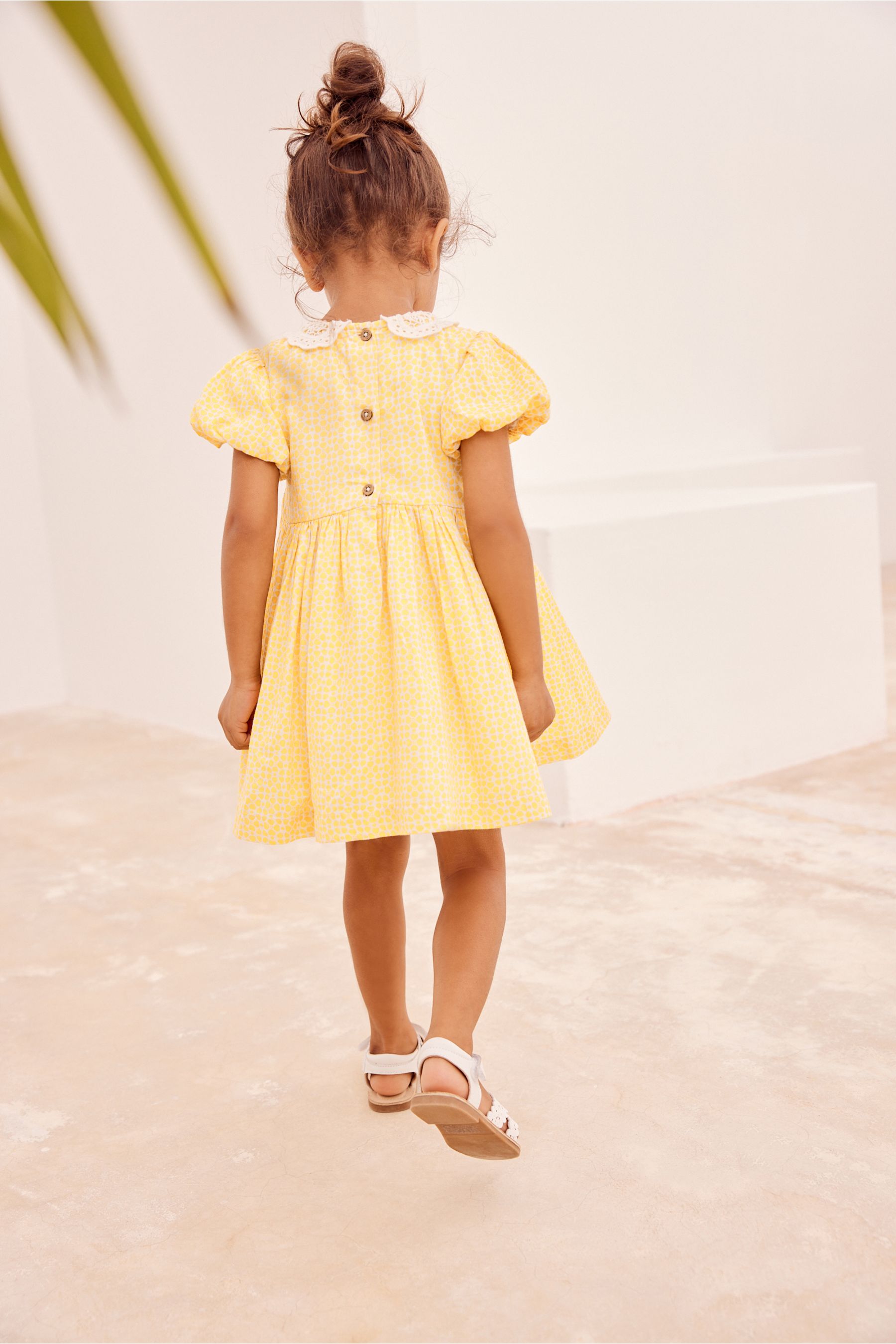 Ochre Yellow Geo Lace Collar Shirred Cotton Dress (3mths-7yrs)