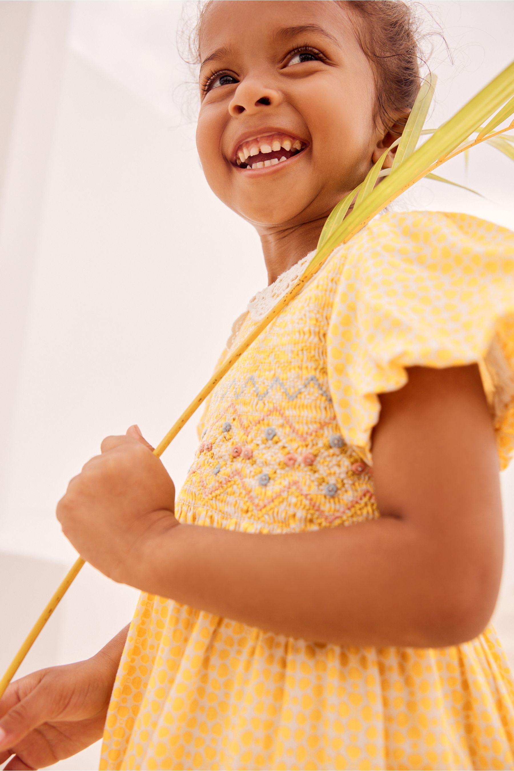 Ochre Yellow Geo Lace Collar Shirred Cotton Dress (3mths-7yrs)