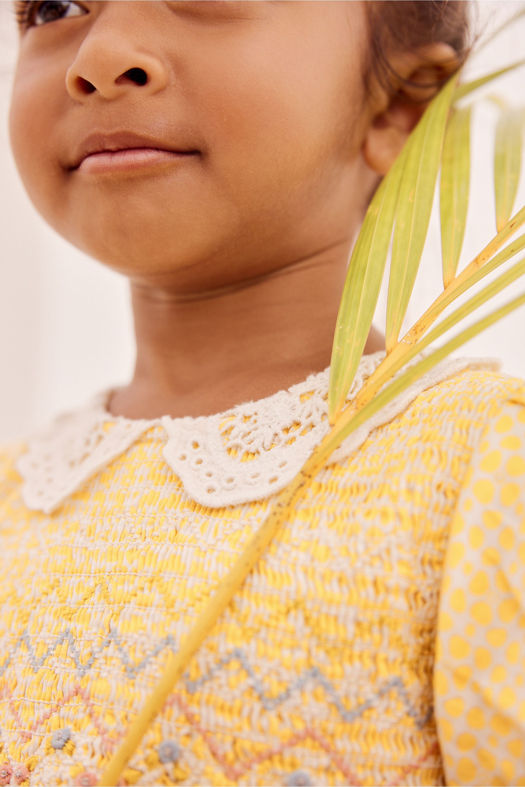 Ochre Yellow Geo Lace Collar Shirred Cotton Dress (3mths-7yrs)