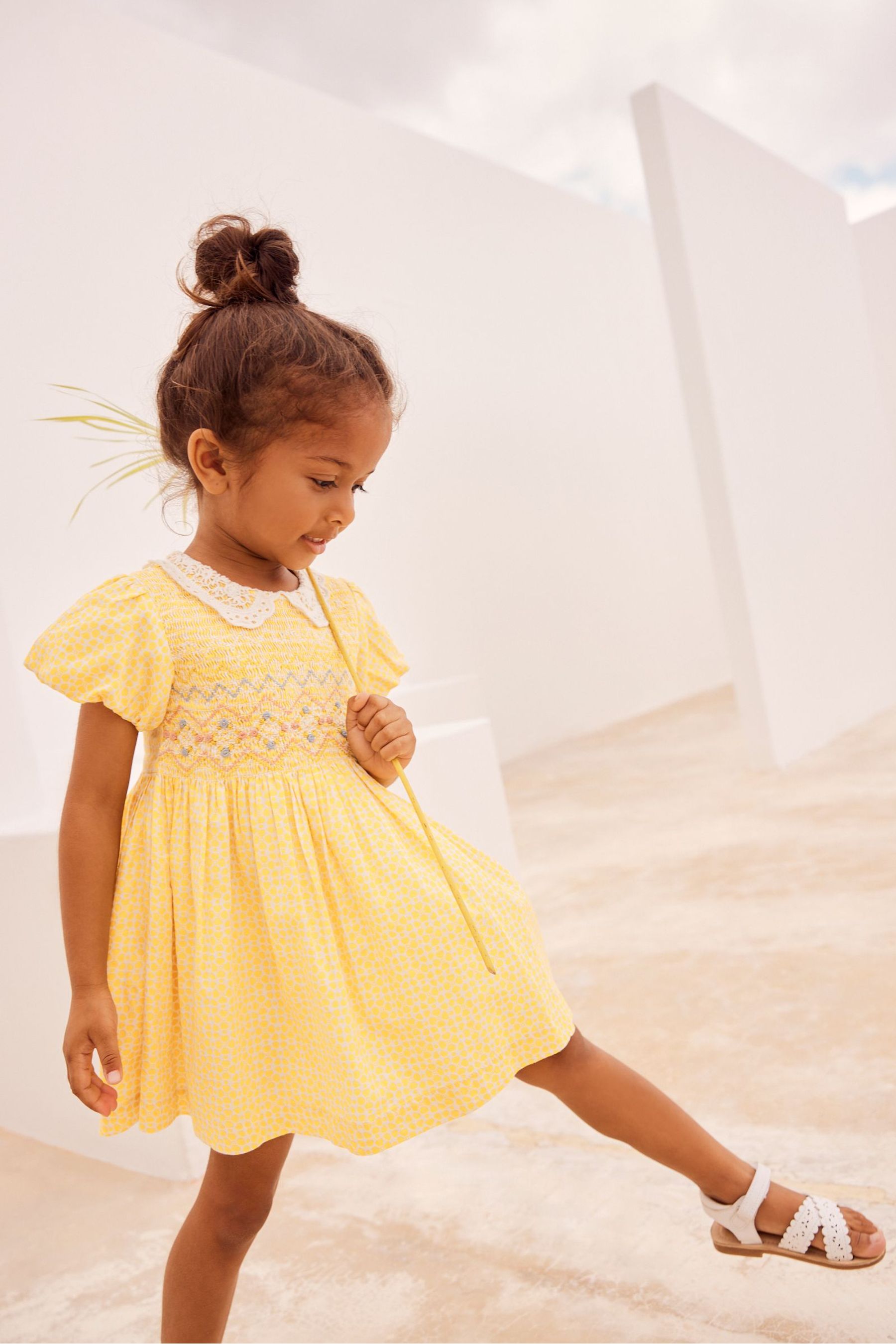 Ochre Yellow Geo Lace Collar Shirred Cotton Dress (3mths-7yrs)