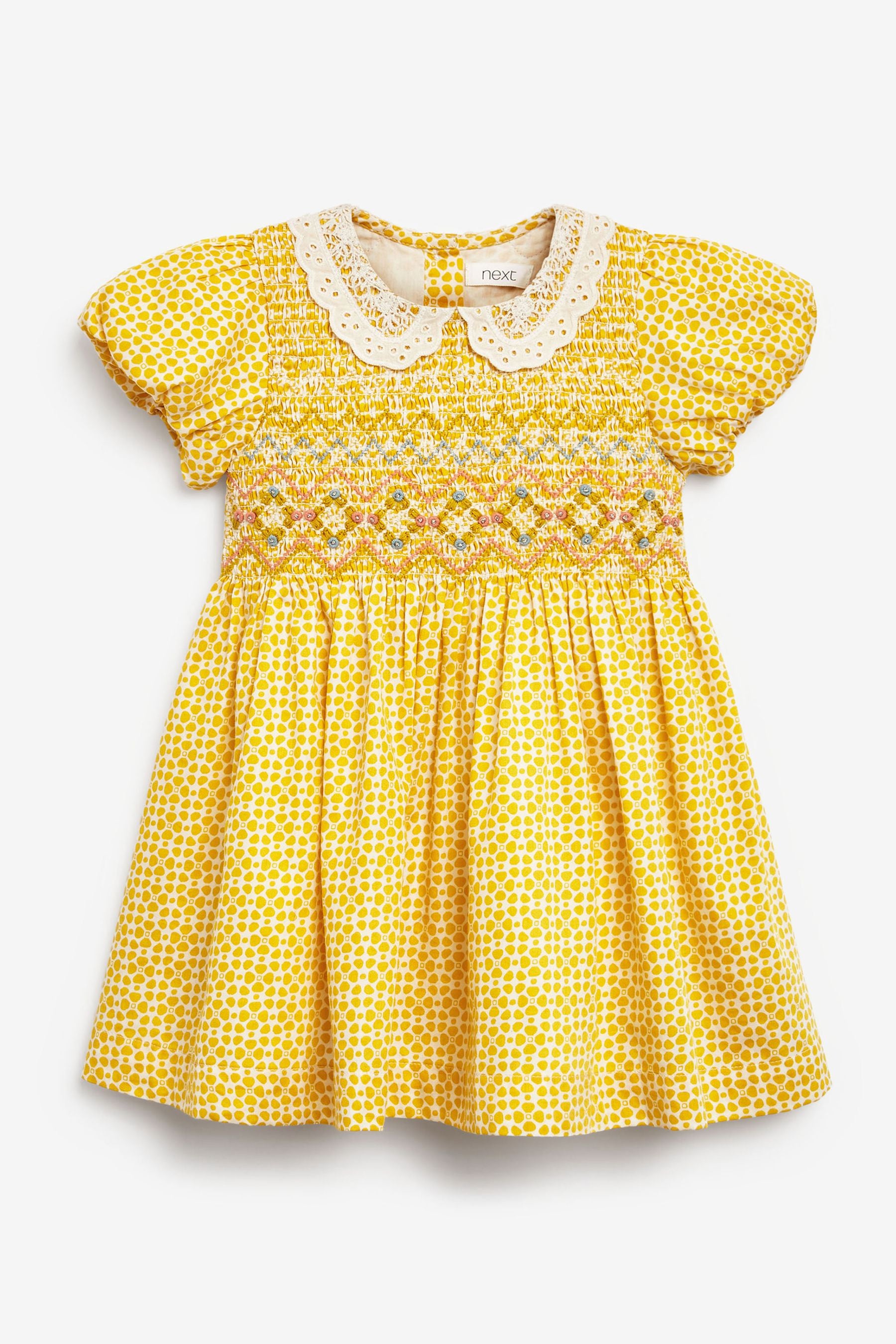 Ochre Yellow Geo Lace Collar Shirred Cotton Dress (3mths-7yrs)