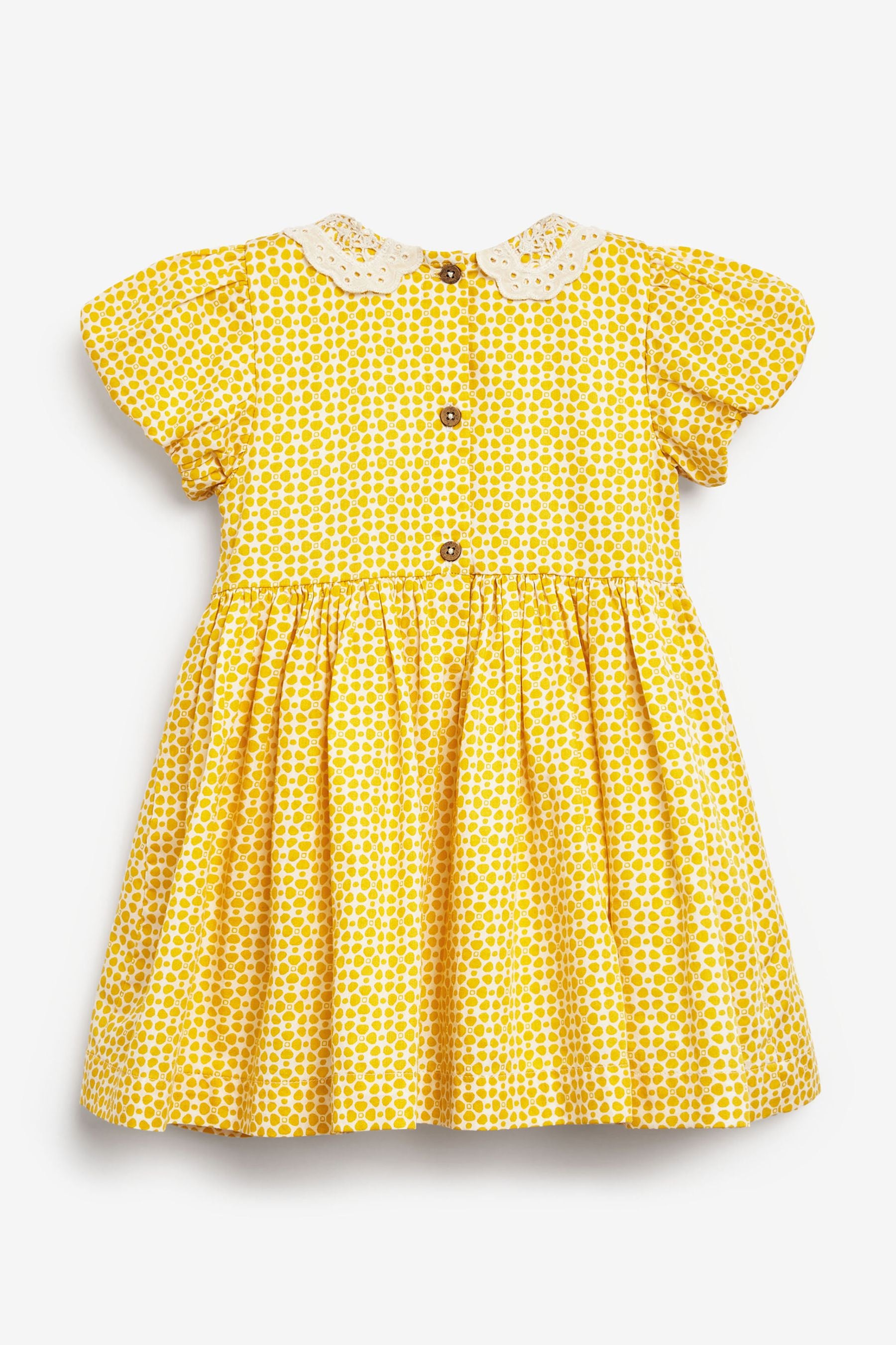 Ochre Yellow Geo Lace Collar Shirred Cotton Dress (3mths-7yrs)