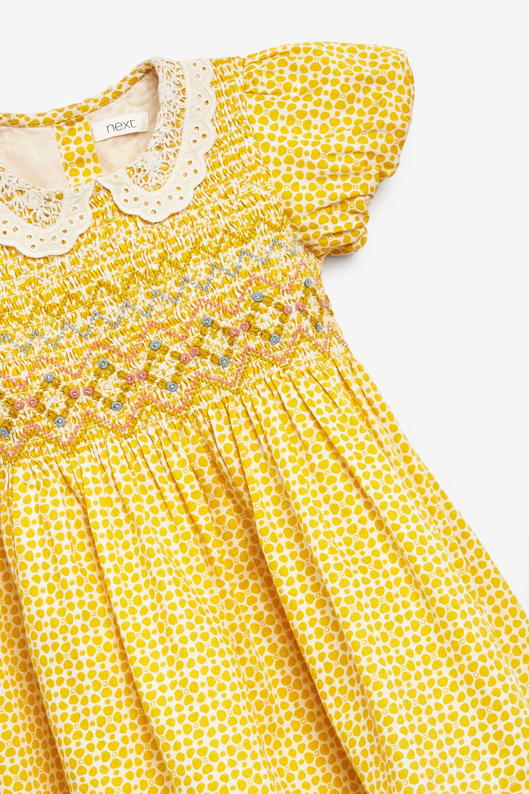 Ochre Yellow Geo Lace Collar Shirred Cotton Dress (3mths-7yrs)