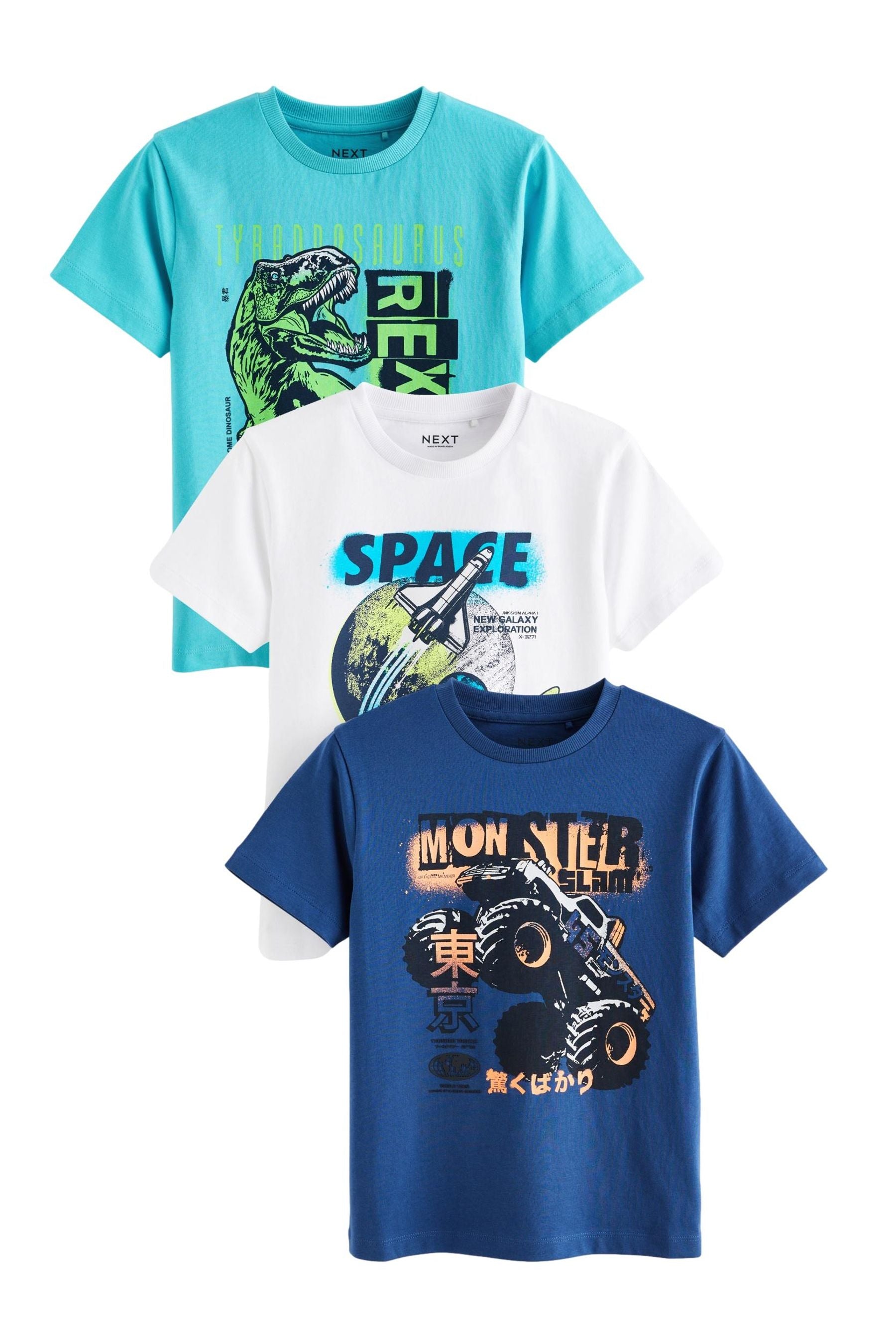 Blue/White/Turquoise Graphic Regular Fit Short Sleeve T-Shirts 3 Pack (3-16yrs)