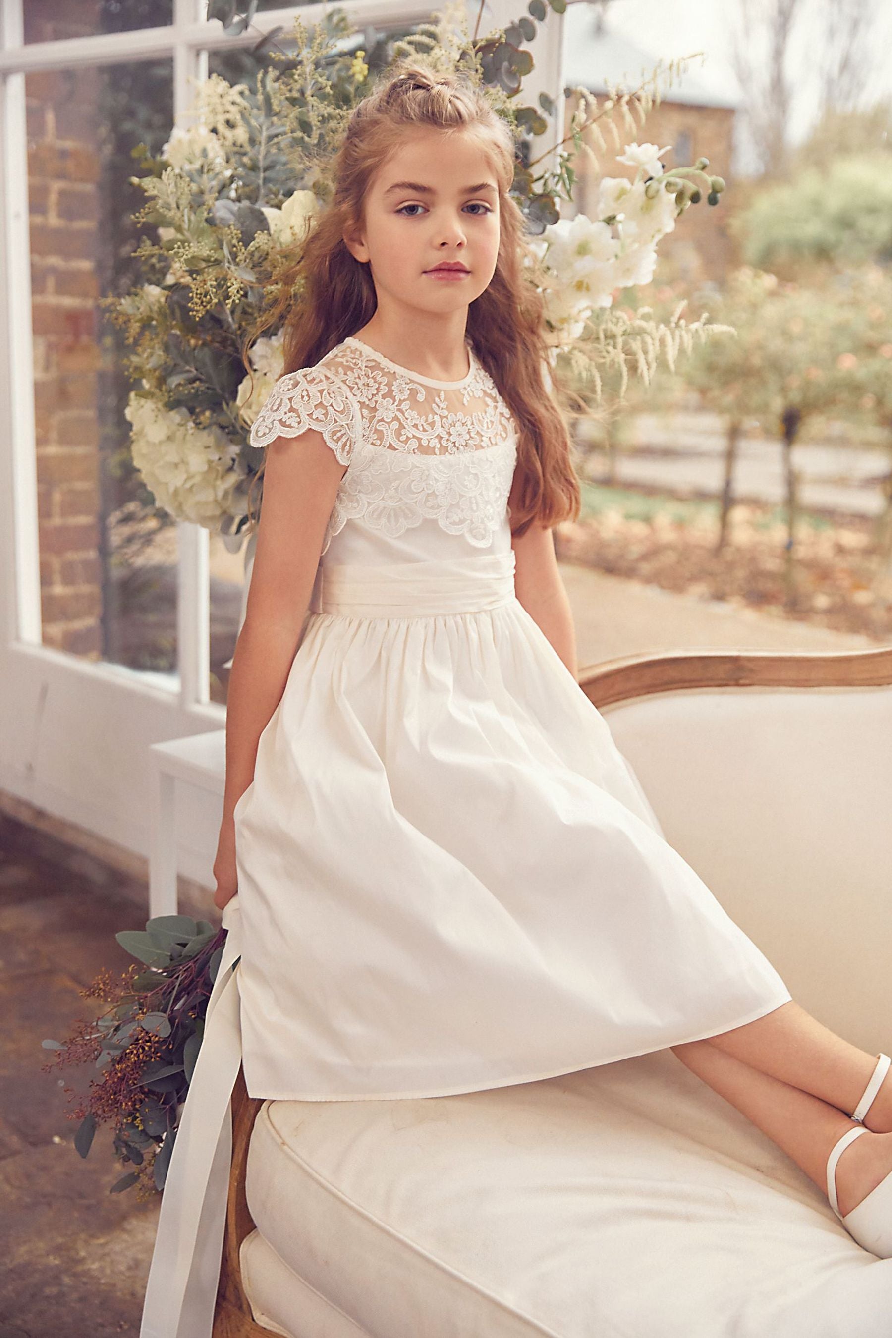 Ivory Lace Bodice Flower Girl Bow Dress (3-16yrs)