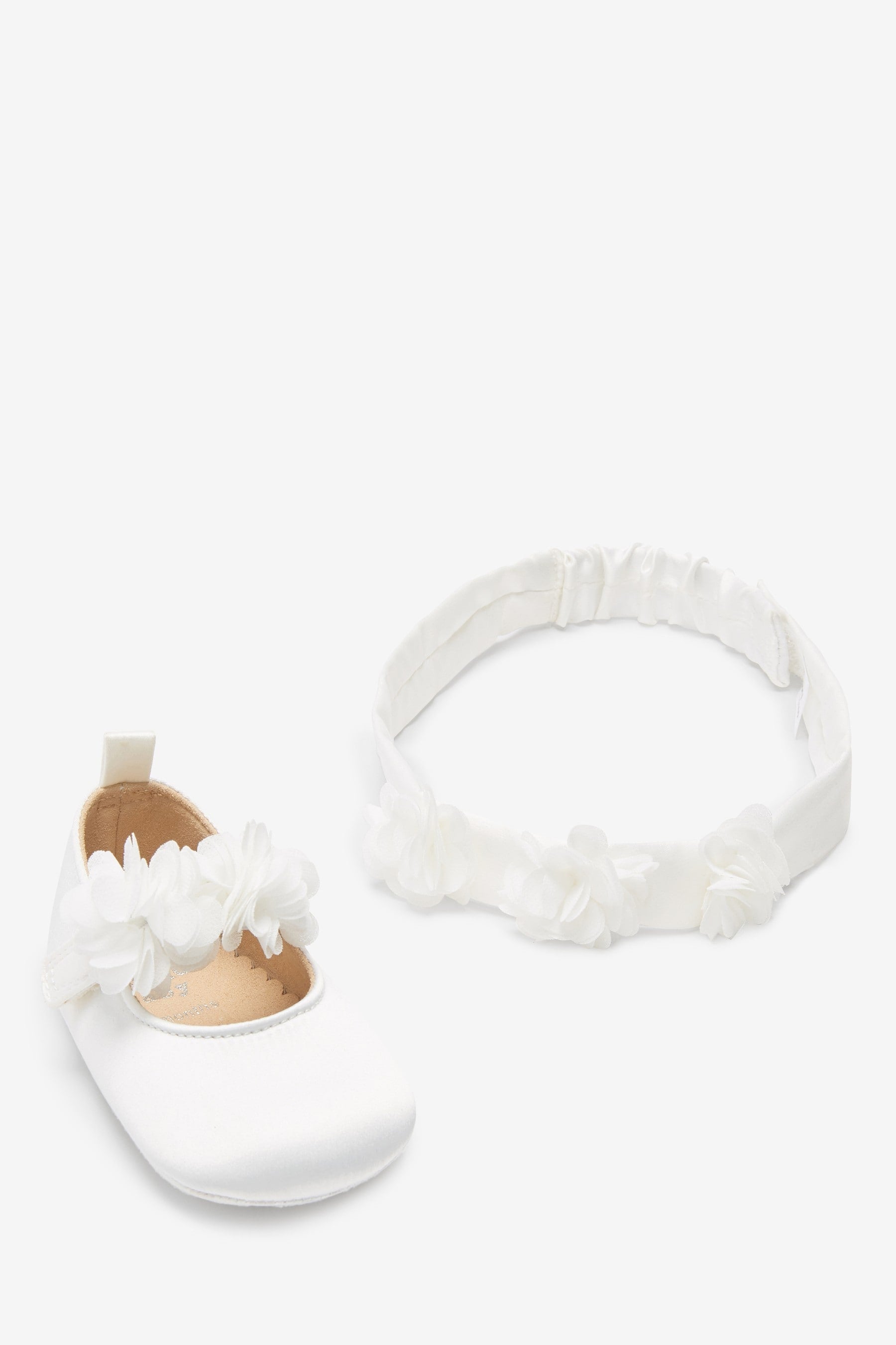 White Satin with Headband Bridesmaid Collection Corsage Occasion Baby Shoes (0-18mths)