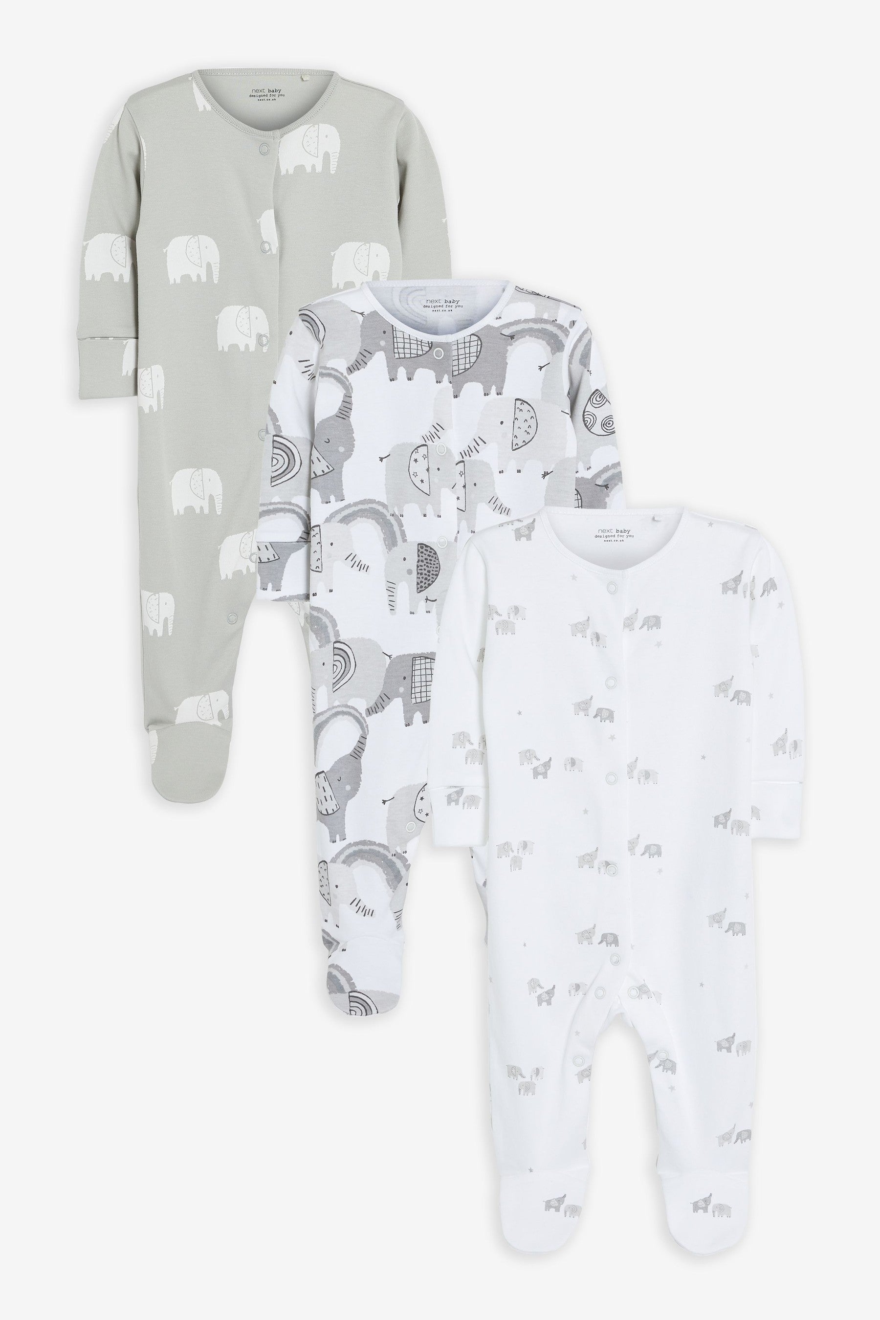 Grey Elephant Baby Sleepsuits 3 Pack (0-2yrs)