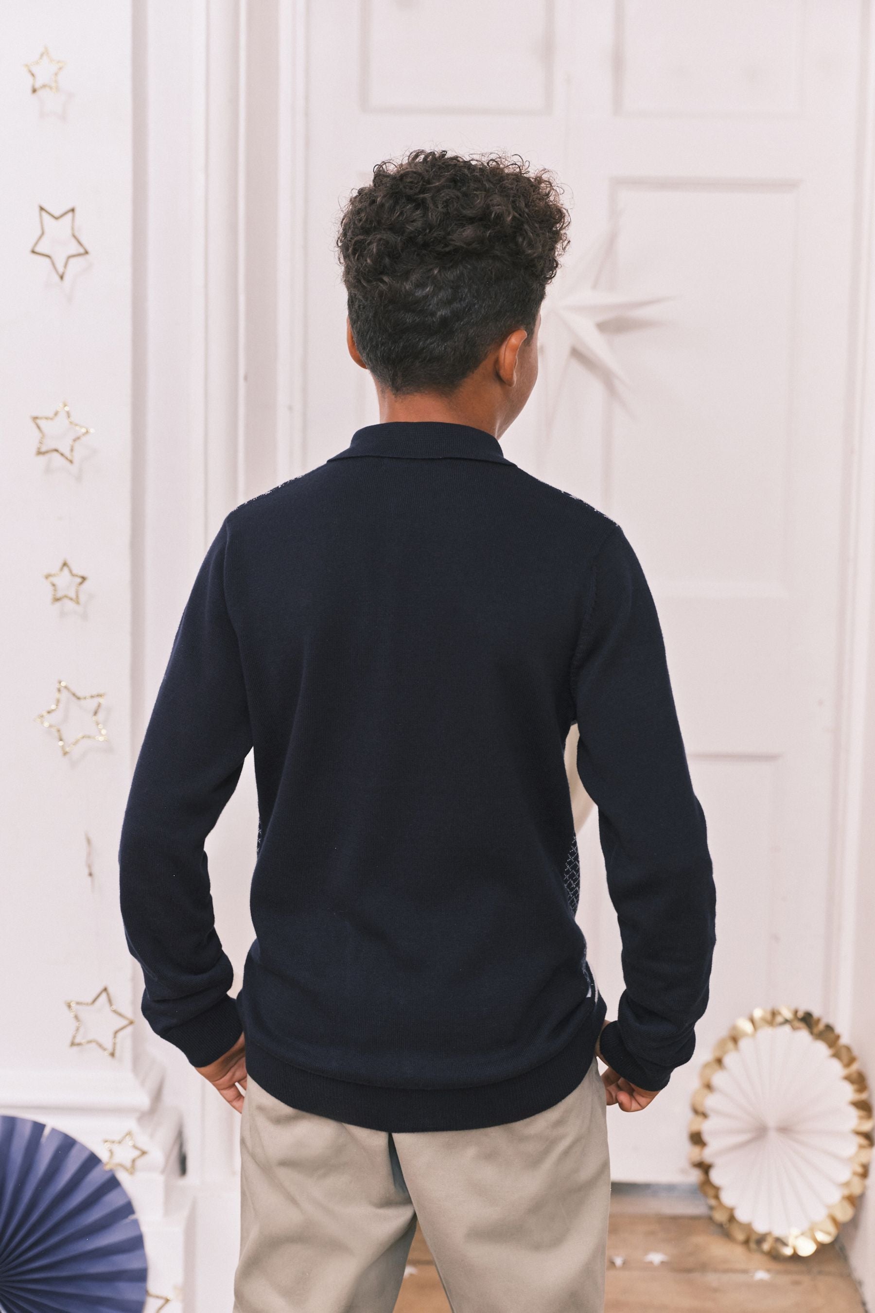 Navy Blue Long Sleeve Geo Knit Polo Shirt (3-16yrs)