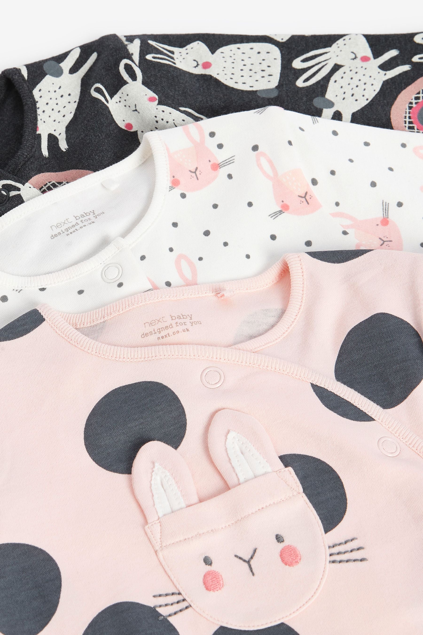 Monochrome Bunny Baby 3 Pack Sleepsuits (0-2yrs)