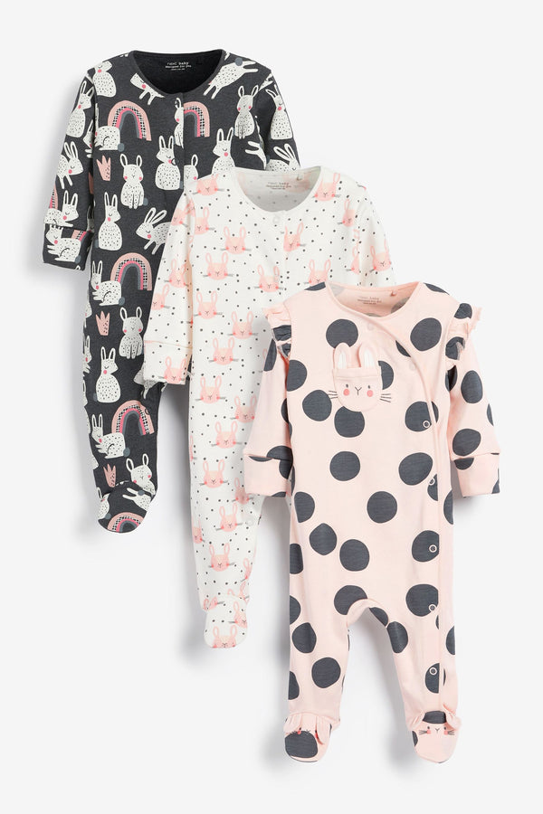 Monochrome Bunny Baby 3 Pack Sleepsuits (0-2yrs)