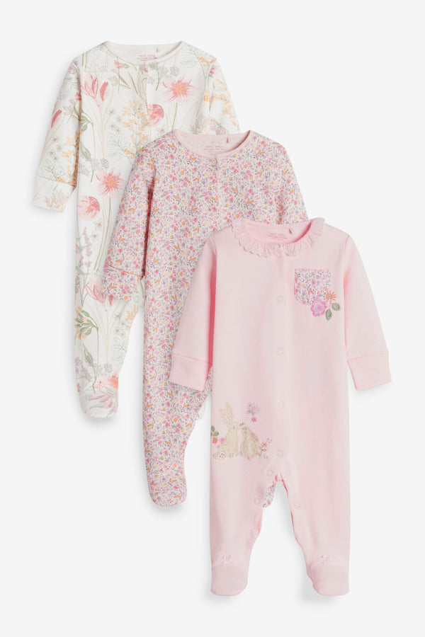 Pink Bunny 3 Pack Embroidered Detail Baby Sleepsuits (0-2yrs)