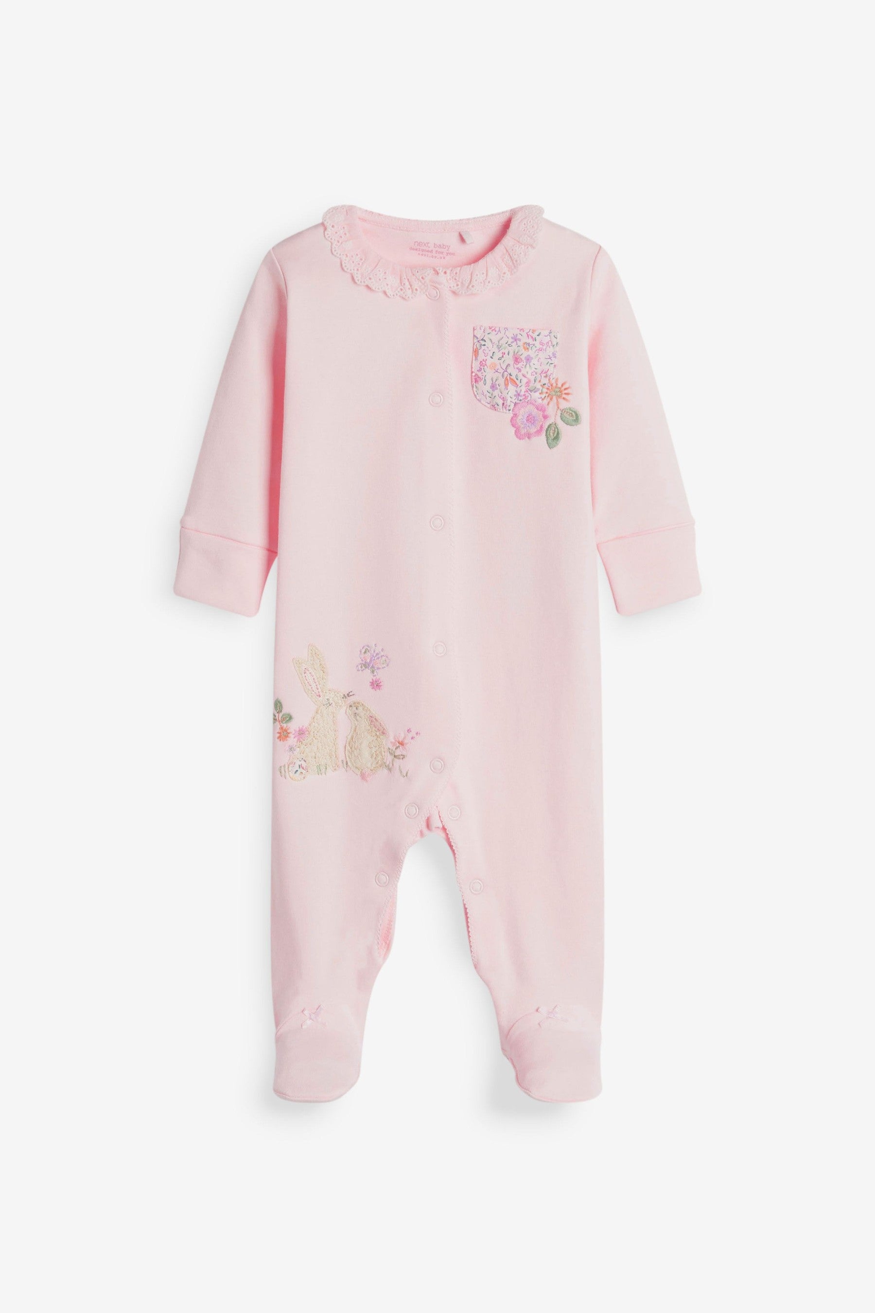 Pink Bunny 3 Pack Embroidered Detail Baby Sleepsuits (0-2yrs)