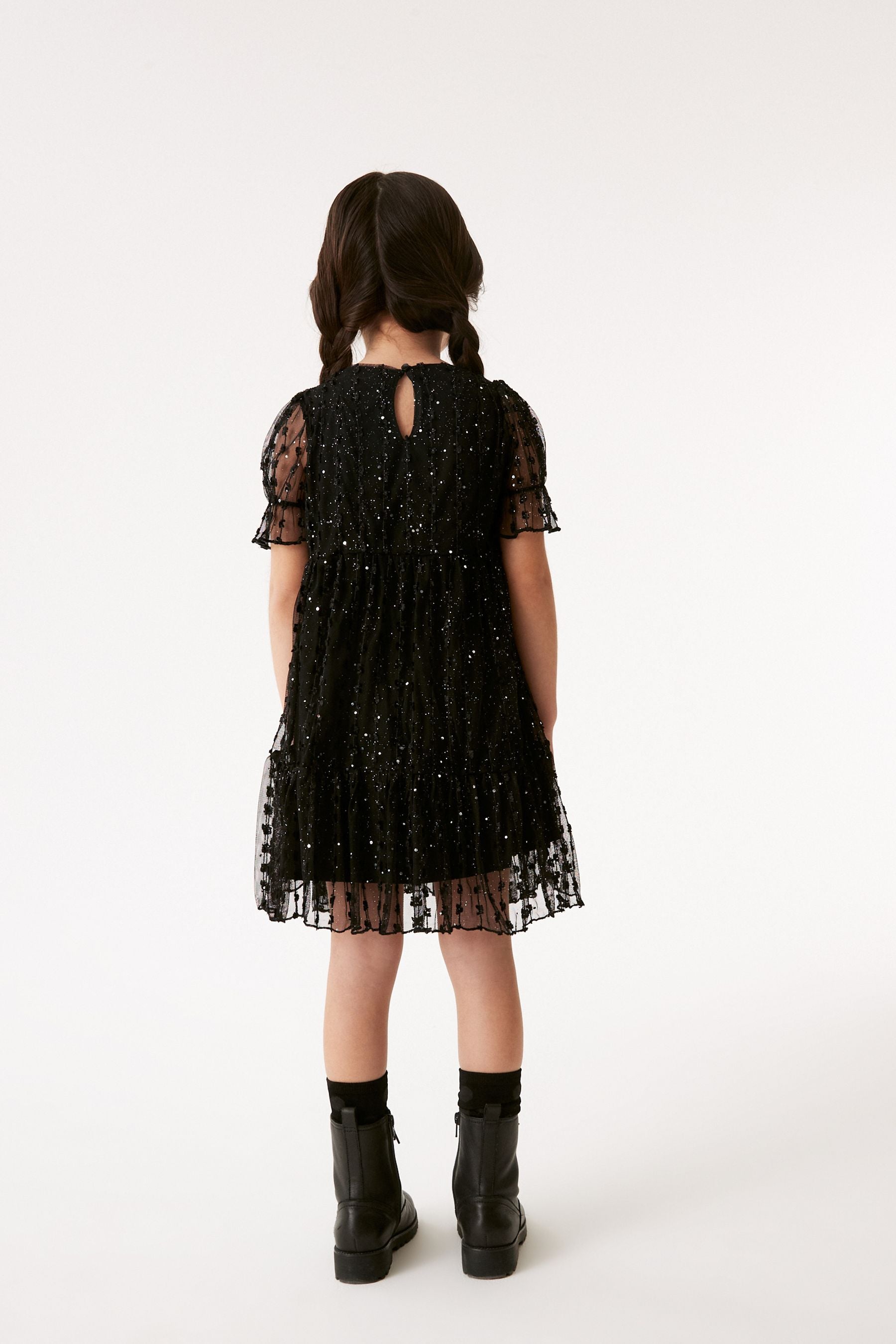 Black Sparkle Mesh Short Sleeve Tiered Party Dress (3-16yrs)