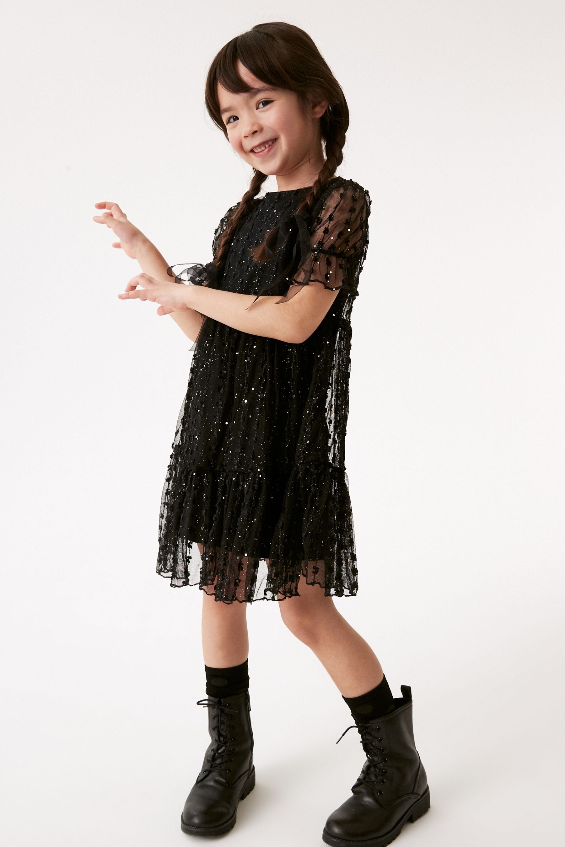 Black Sparkle Mesh Short Sleeve Tiered Party Dress (3-16yrs)