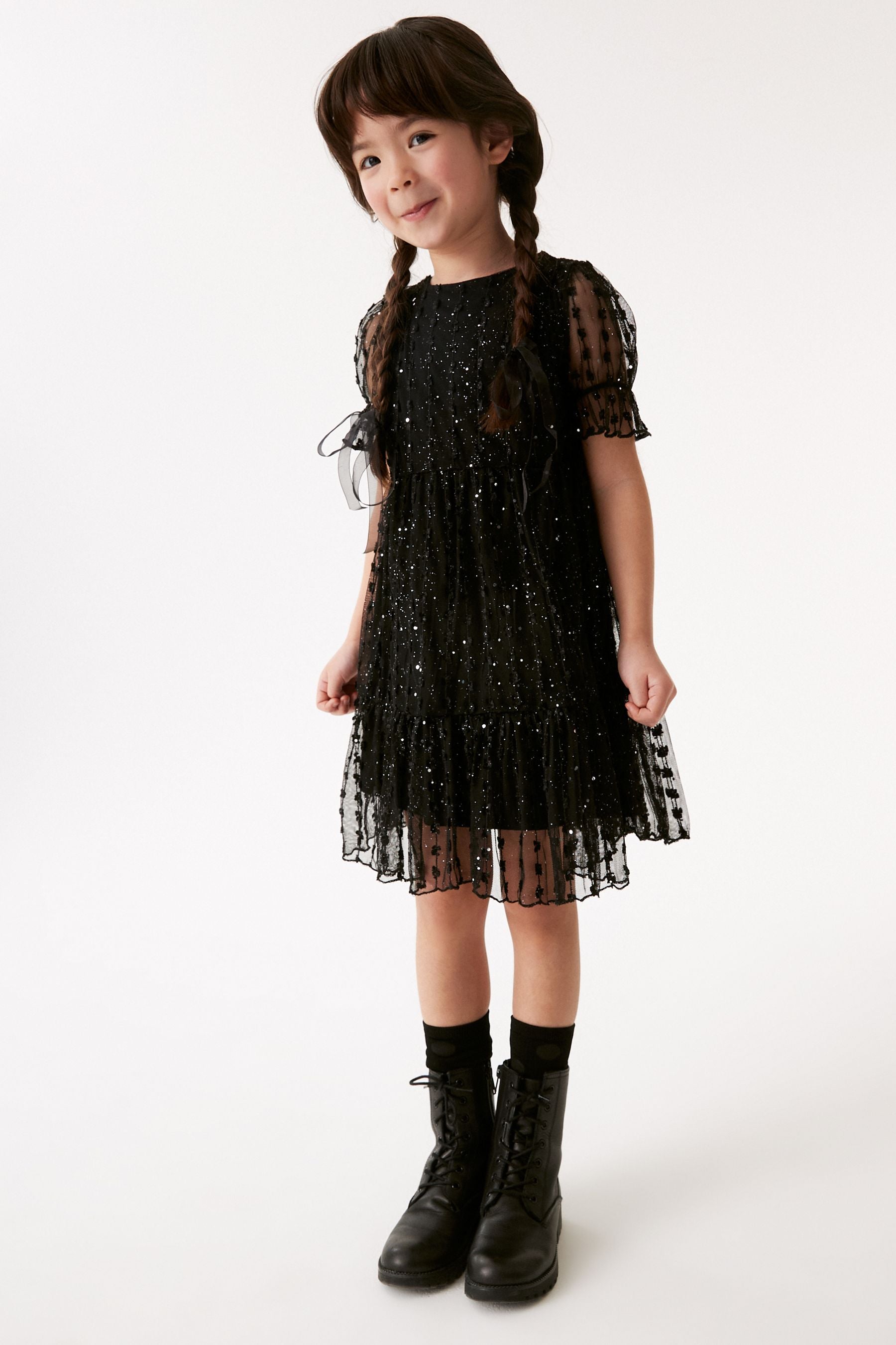 Black Sparkle Mesh Short Sleeve Tiered Party Dress (3-16yrs)