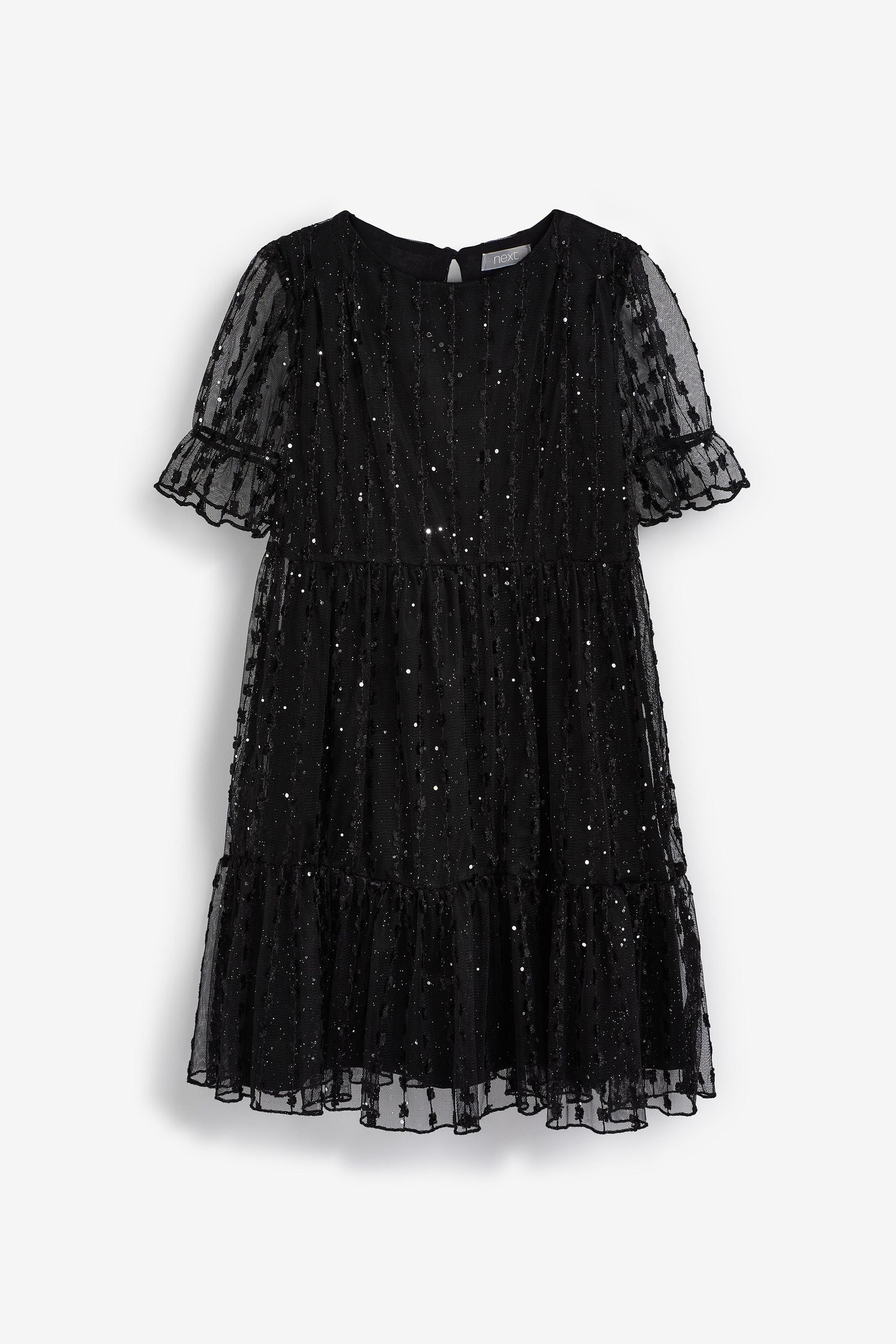 Black Sparkle Mesh Short Sleeve Tiered Party Dress (3-16yrs)