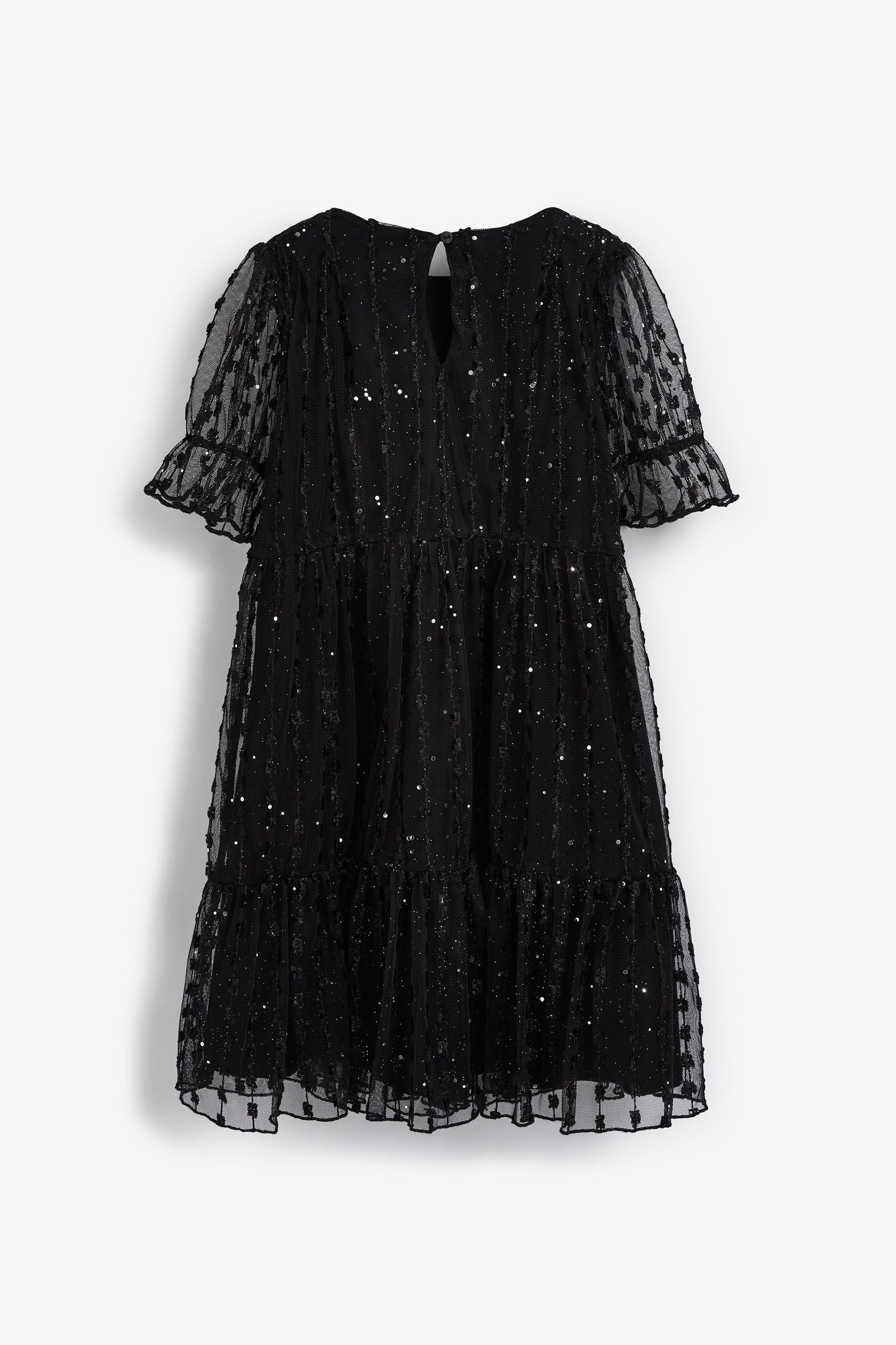 Black Sparkle Mesh Short Sleeve Tiered Party Dress (3-16yrs)