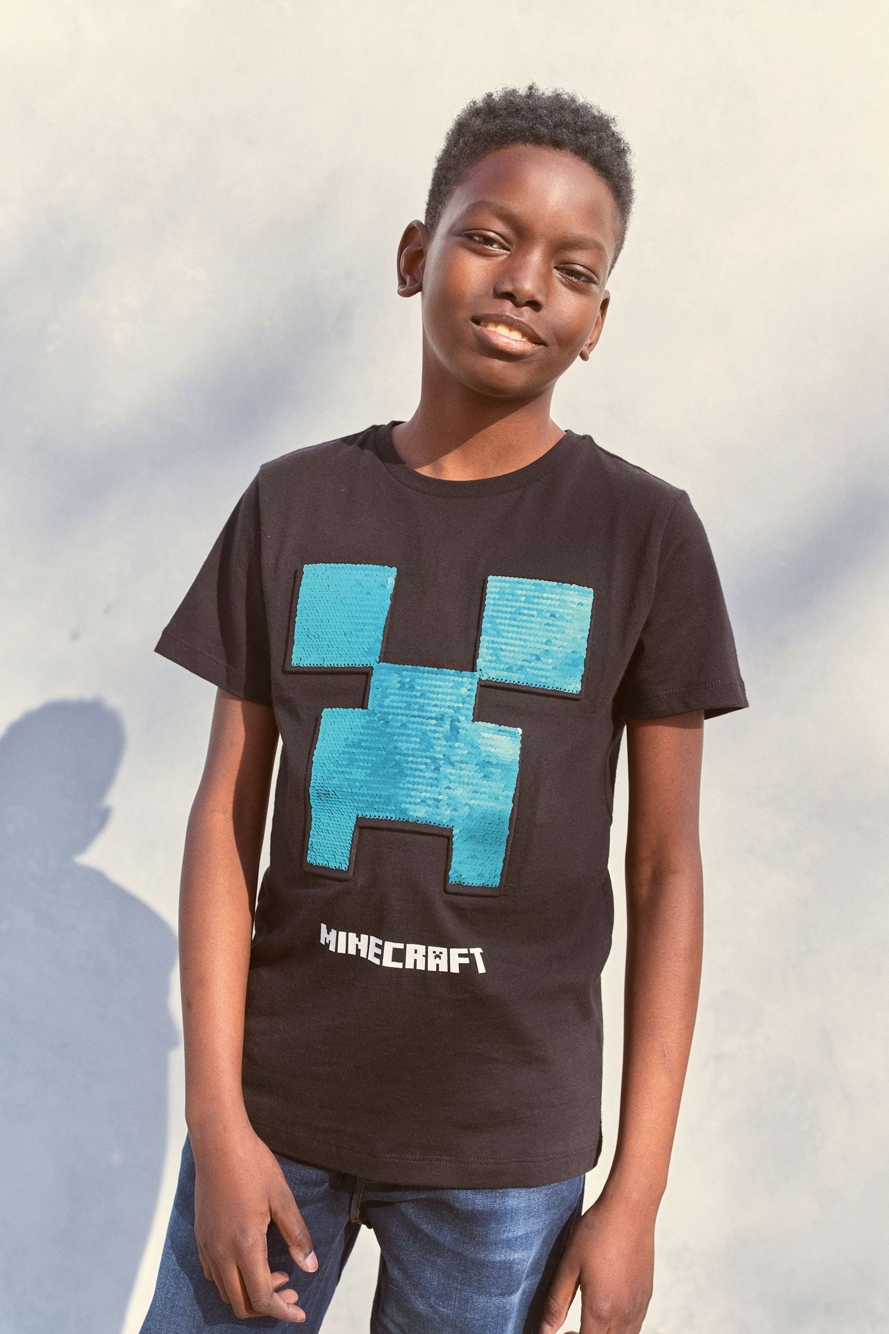 Black Licensed Minecraft Flippy Sequin T-Shirt by Next (4-14yrs)