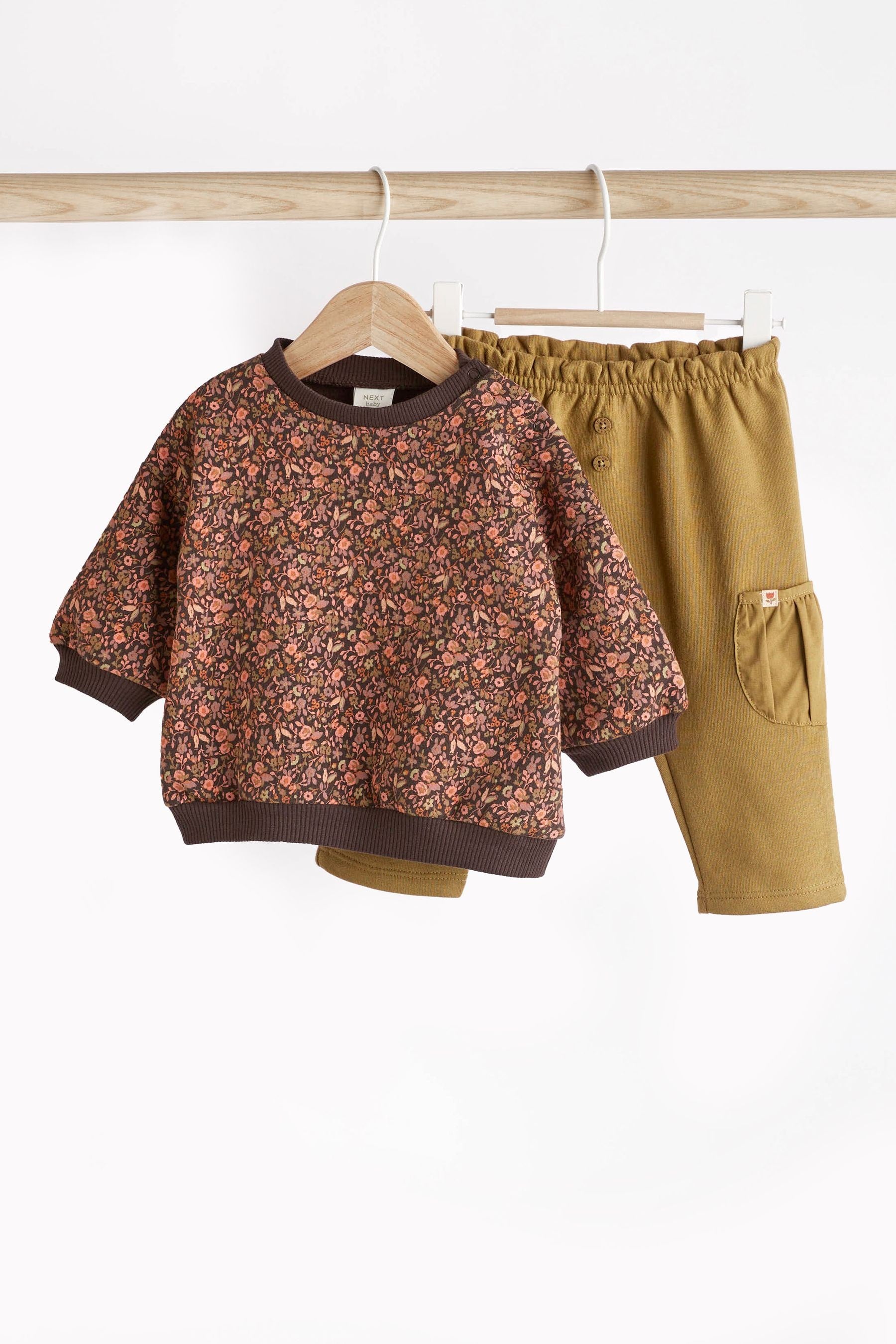 Chocolate Brown Floral Baby Cosy Sweater and Joggers 2 Piece Set