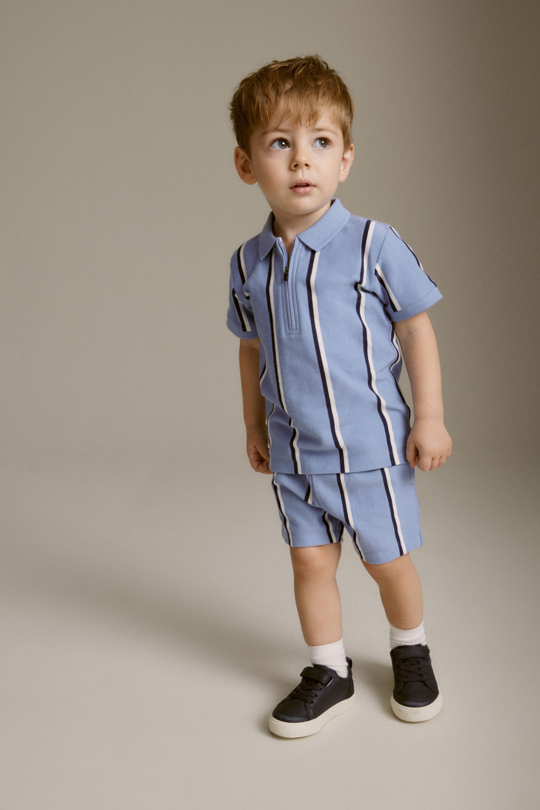 Blue Vertical Stripe Zip Polo Shirt and Shorts Set (3mths-7yrs)