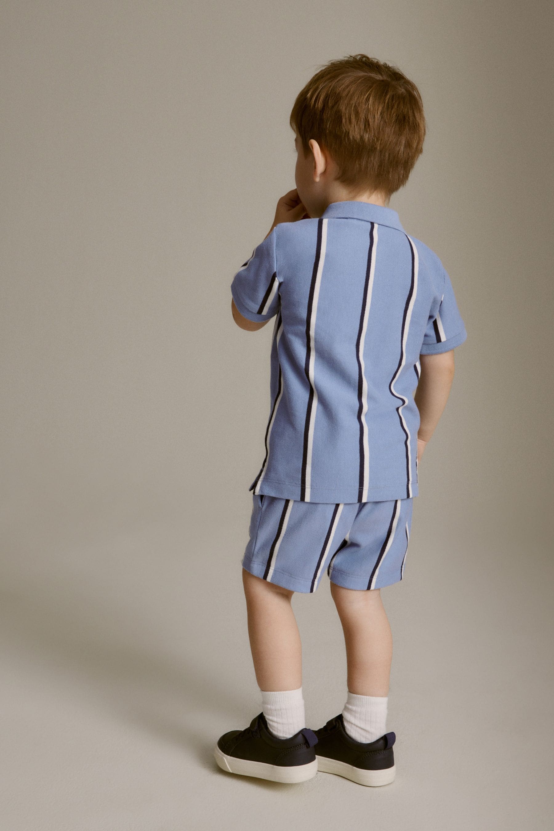 Blue Vertical Stripe Zip Polo Shirt and Shorts Set (3mths-7yrs)