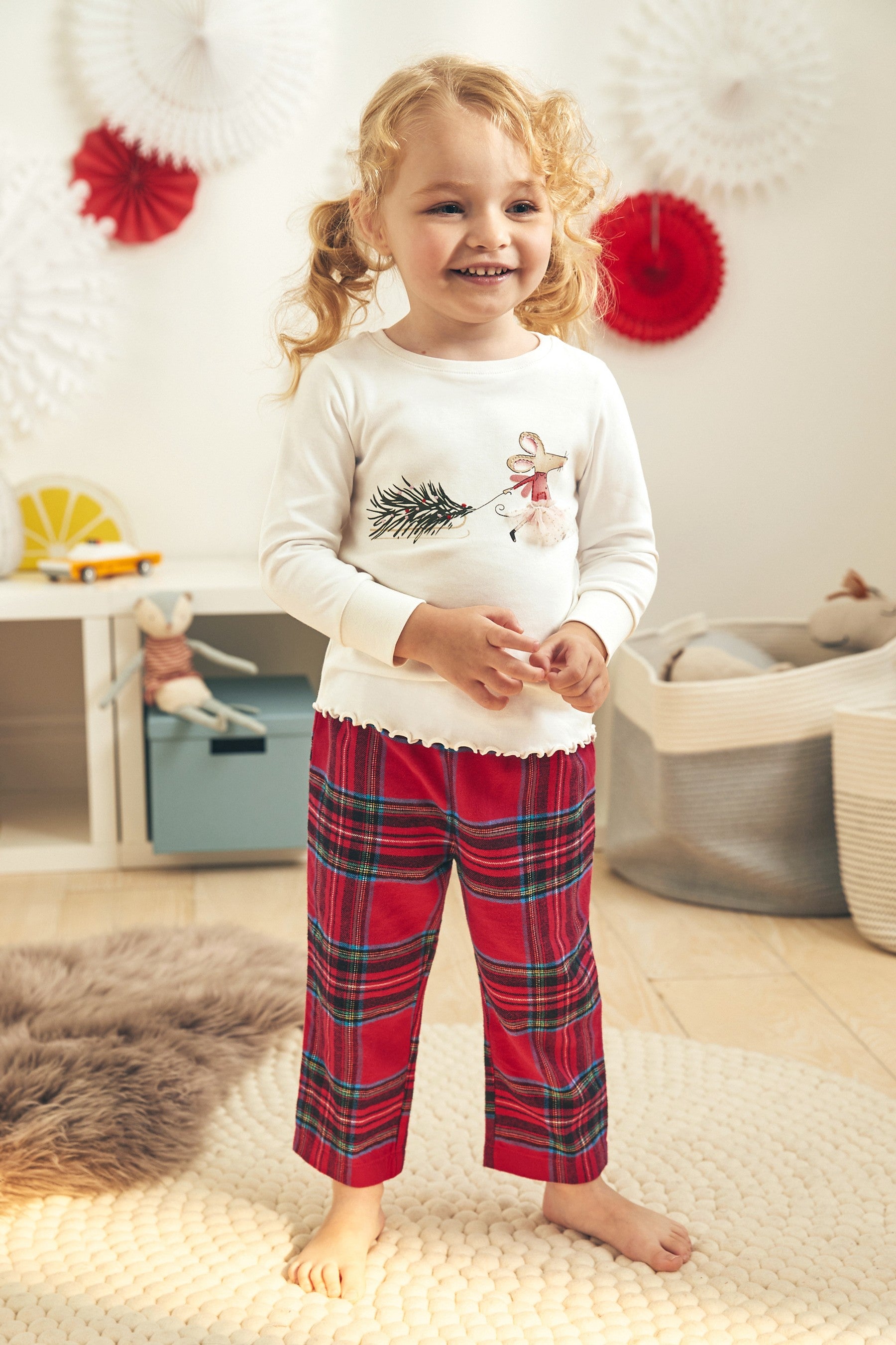 Red/Ecru Cream Mouse Pyjama With Brushed Woven Check Bottoms (9mths-8yrs)