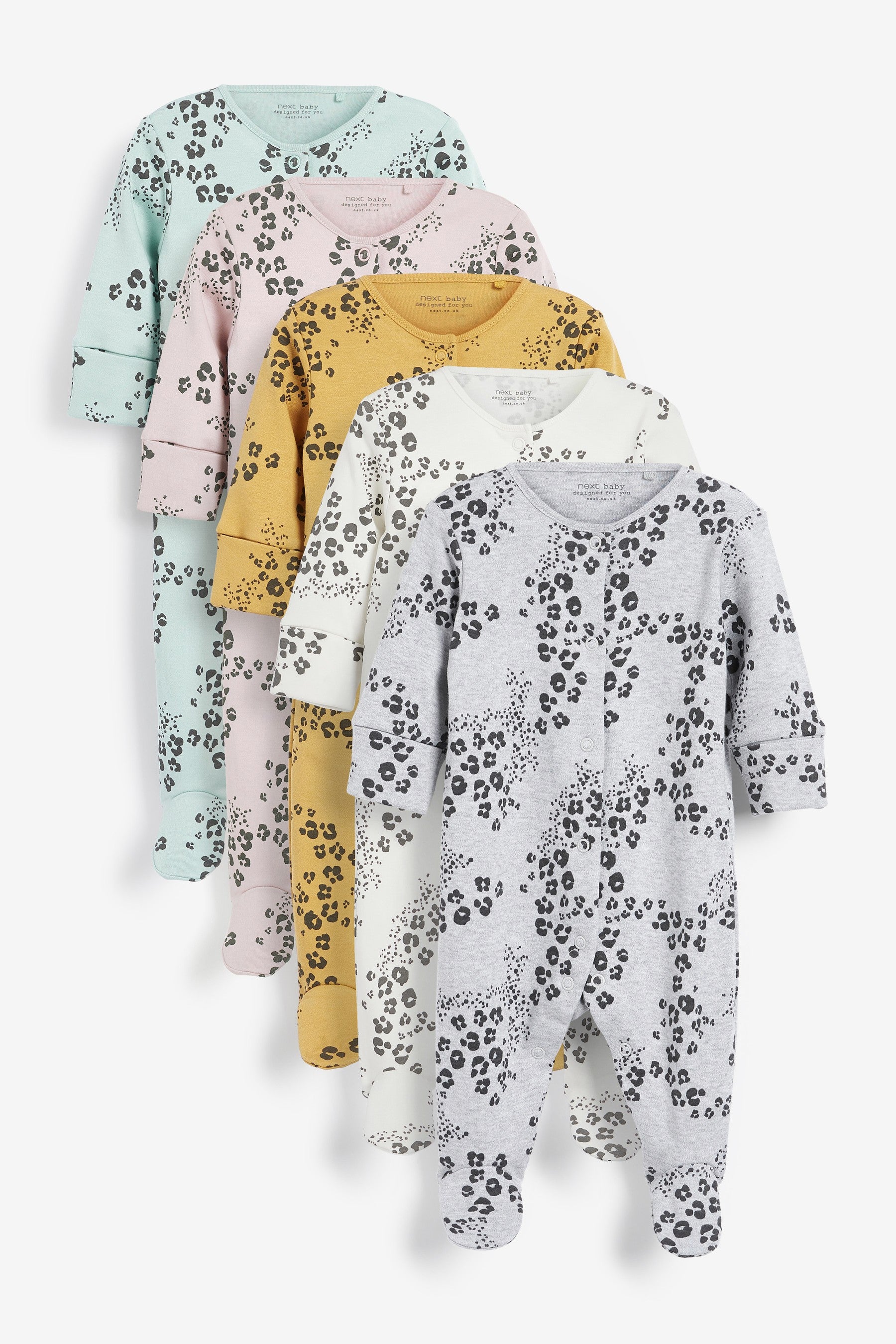 Pastel Leopard 5 Pack Printed Baby Sleepsuits (0mths-3yrs)