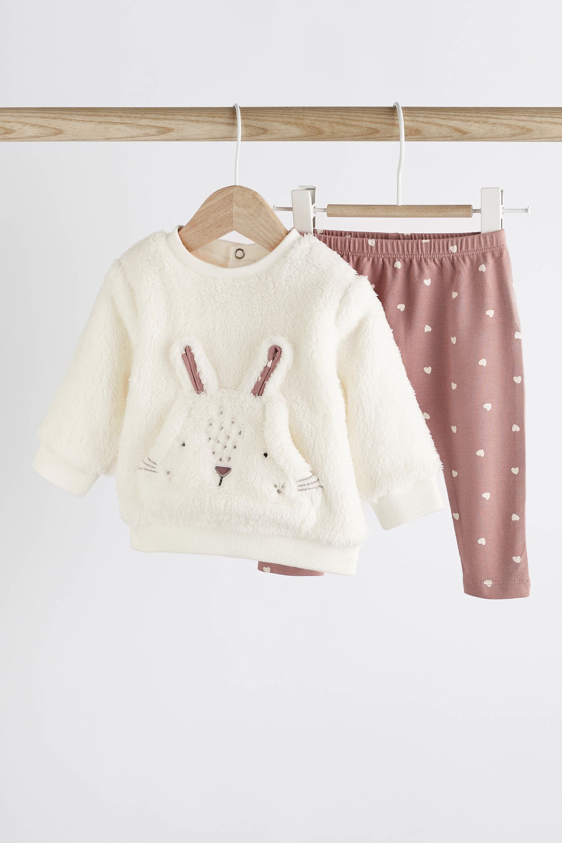 White/Pink Bunny Cosy Fleece Baby Jumper and Leggings 2 Piece Set