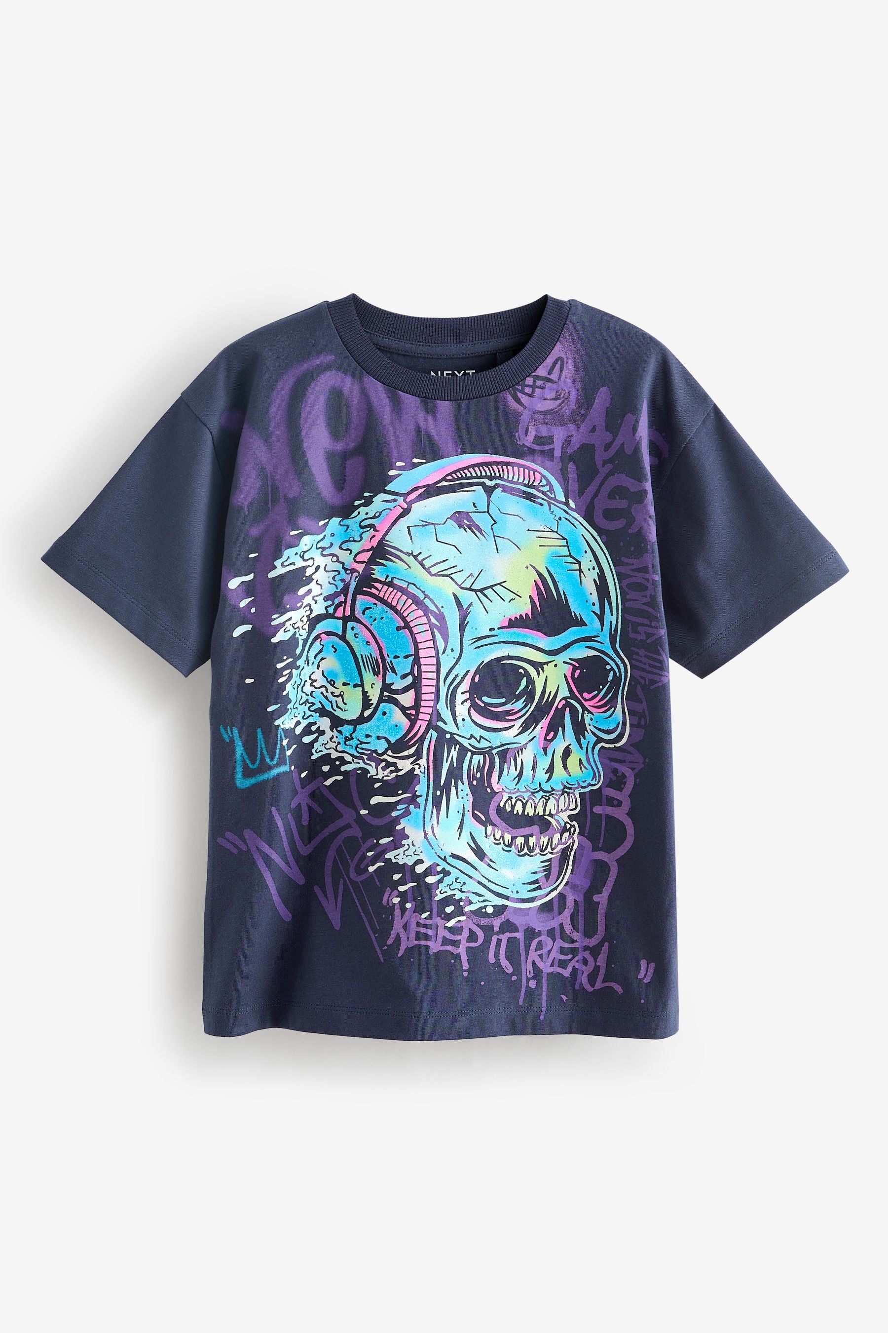 Navy Blue Graffiti Skull Relaxed Fit Short Sleeve Graphic T-Shirt (3-16yrs)