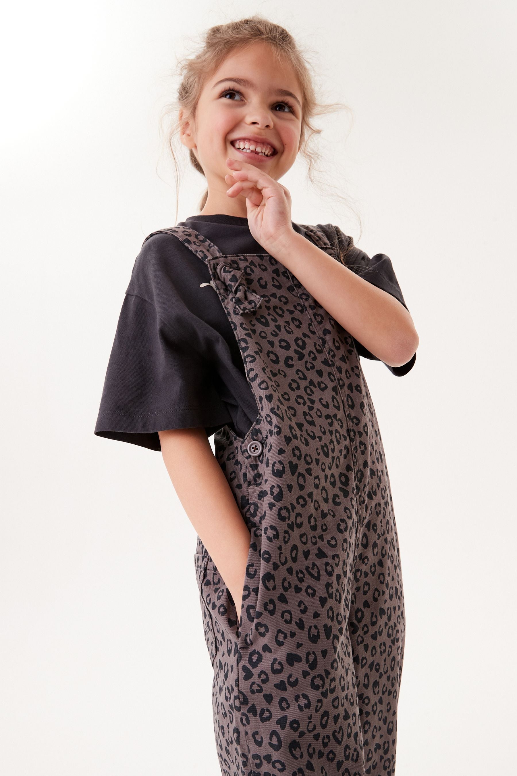 Grey Animal Print Soft Cotton Dungarees (3-16yrs)