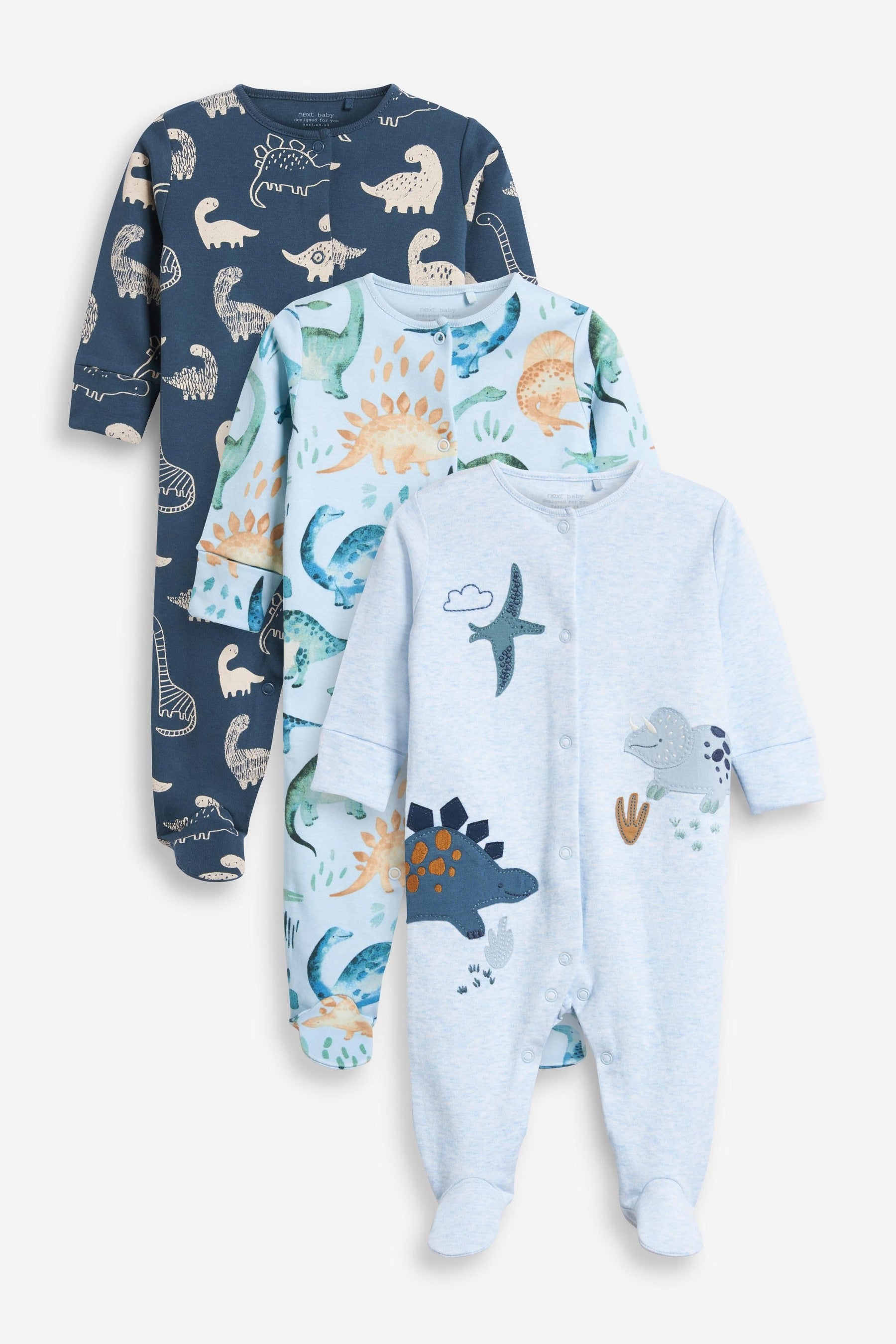 Blue Dinosaur 3 Pack Embroidered Baby Sleepsuits (0mths-2yrs)