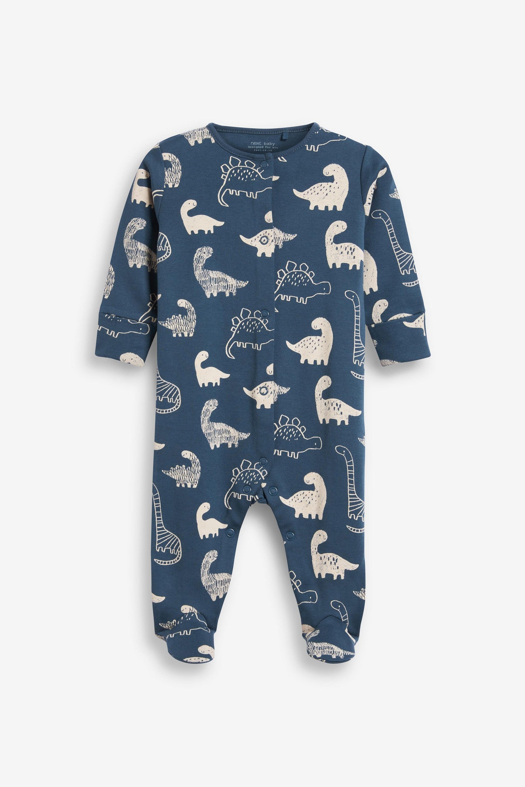 Blue Dinosaur 3 Pack Embroidered Baby Sleepsuits (0mths-2yrs)