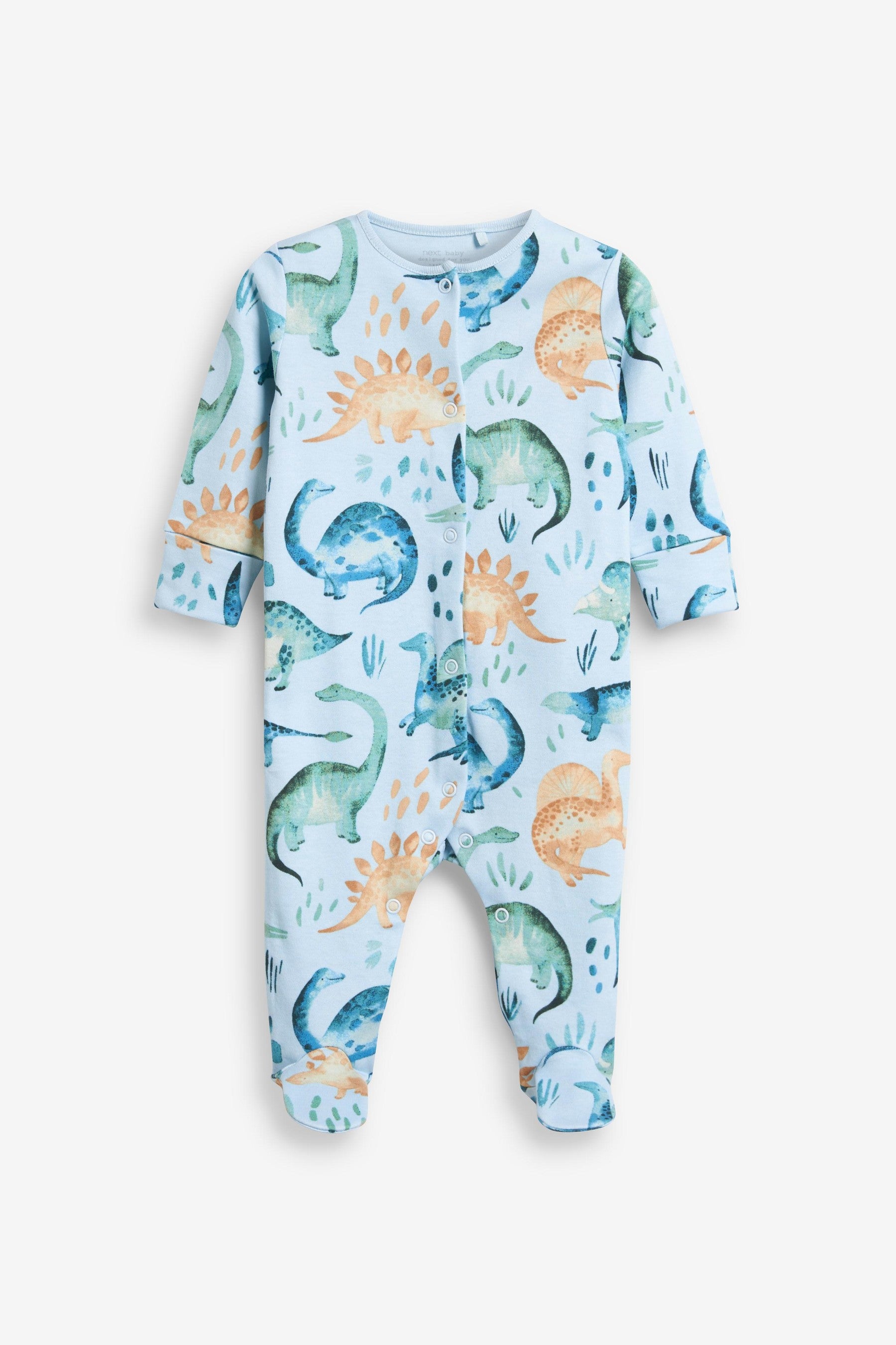 Blue Dinosaur 3 Pack Embroidered Baby Sleepsuits (0mths-2yrs)