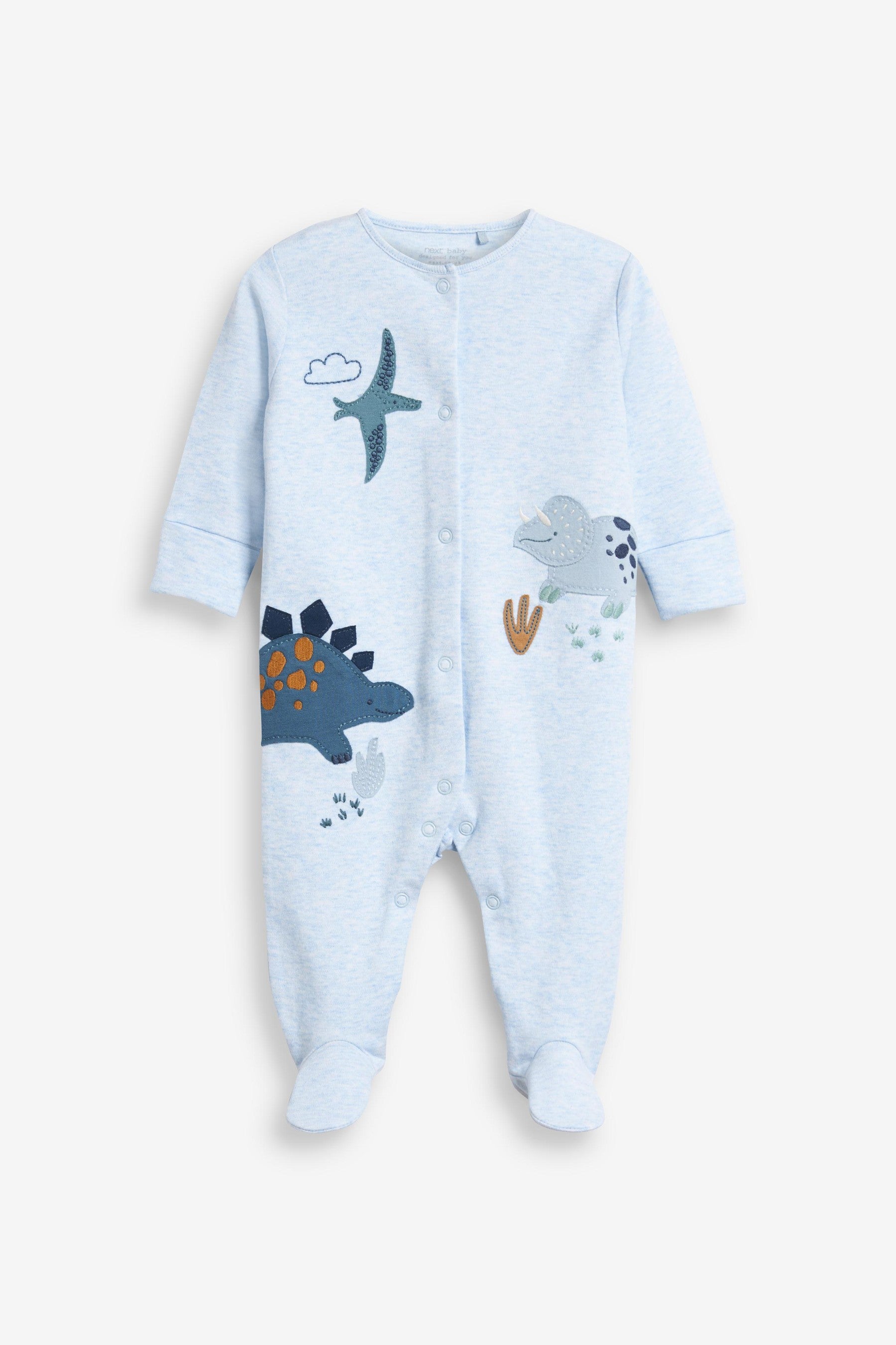 Blue Dinosaur 3 Pack Embroidered Baby Sleepsuits (0mths-2yrs)