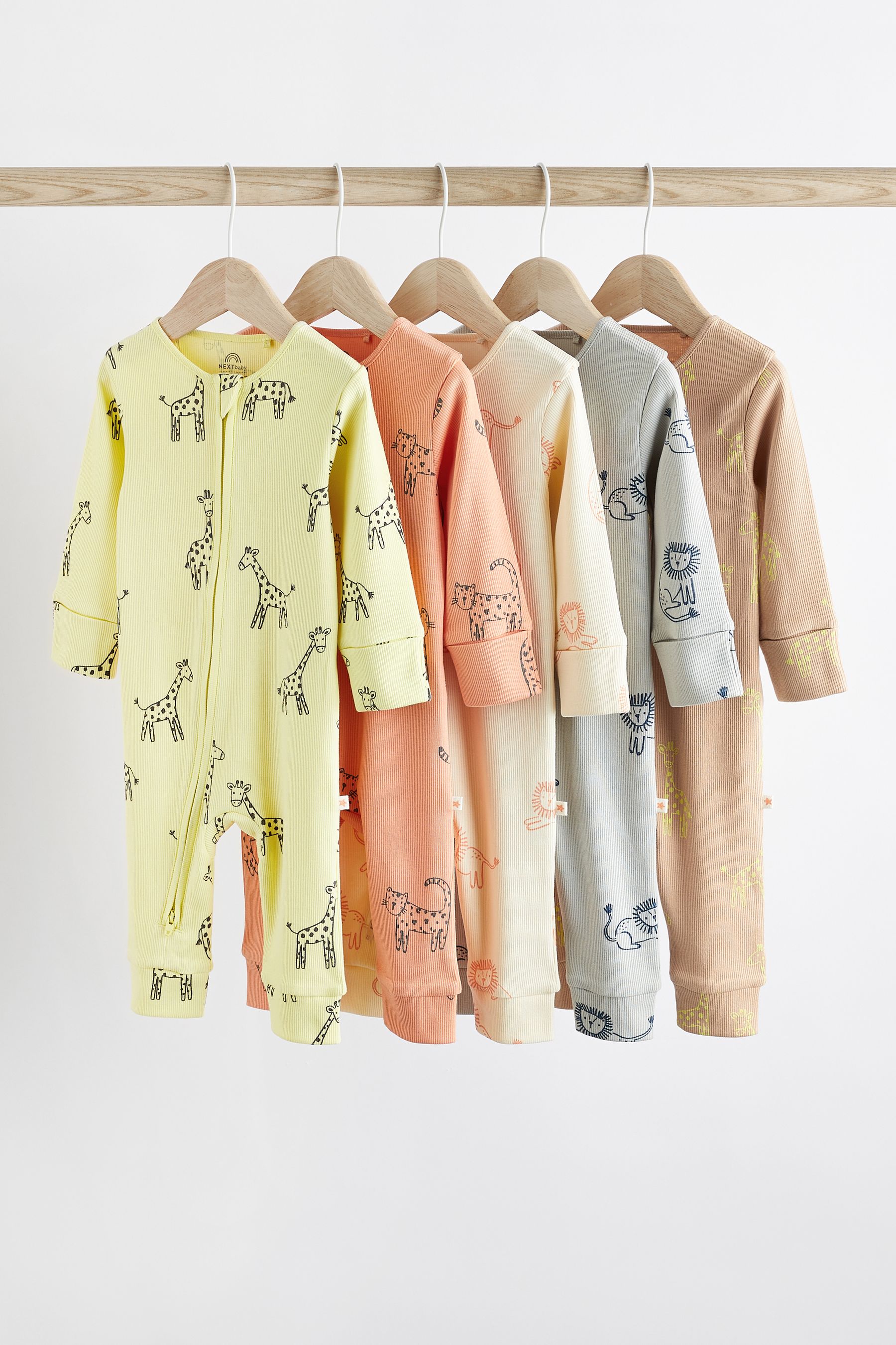 Fluro Safari Animal Baby Footless Zipped Sleepsuits 5 Pack (0mths-3yrs)