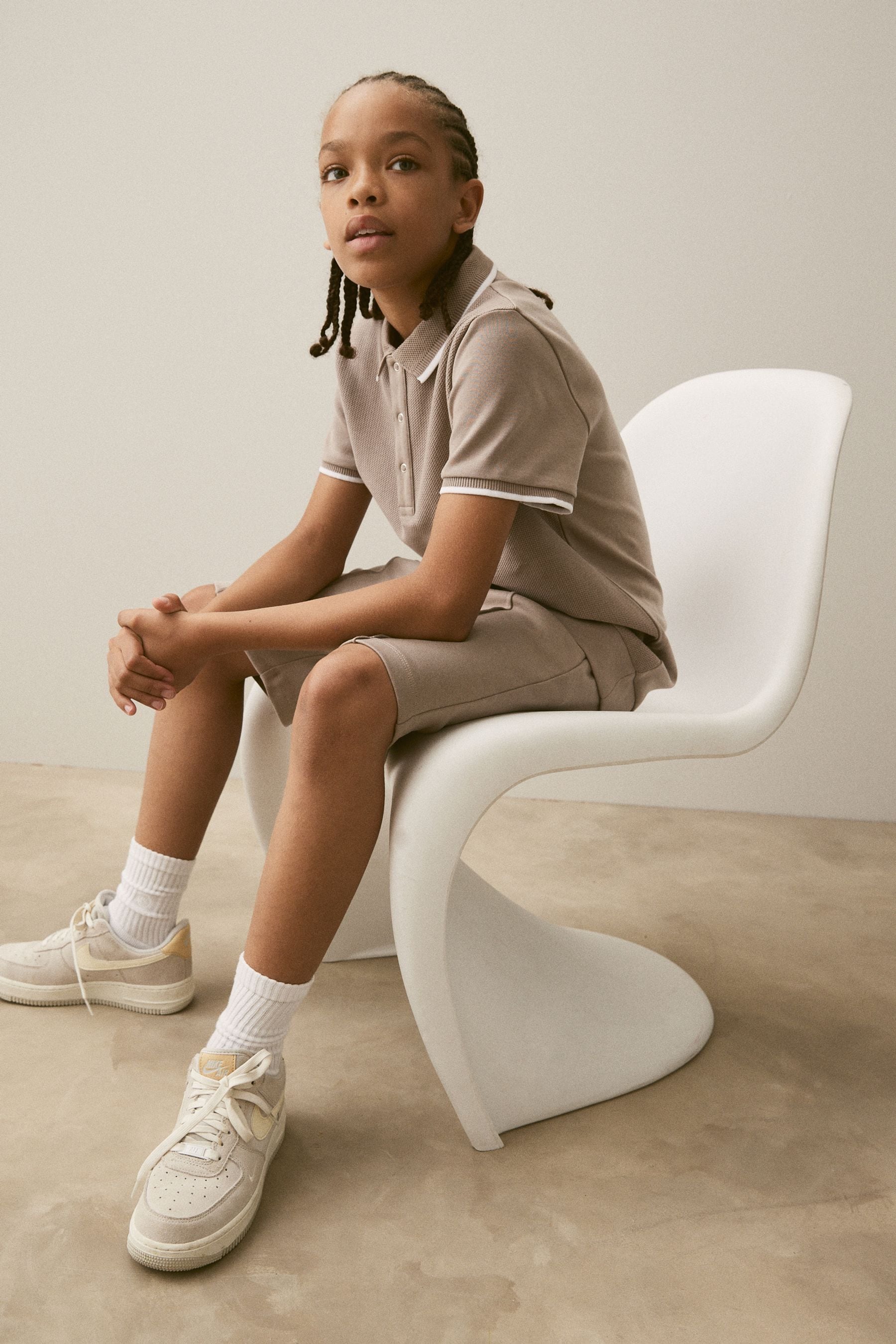 Stone Natural Textured Polo And Shorts Set (3-16yrs)