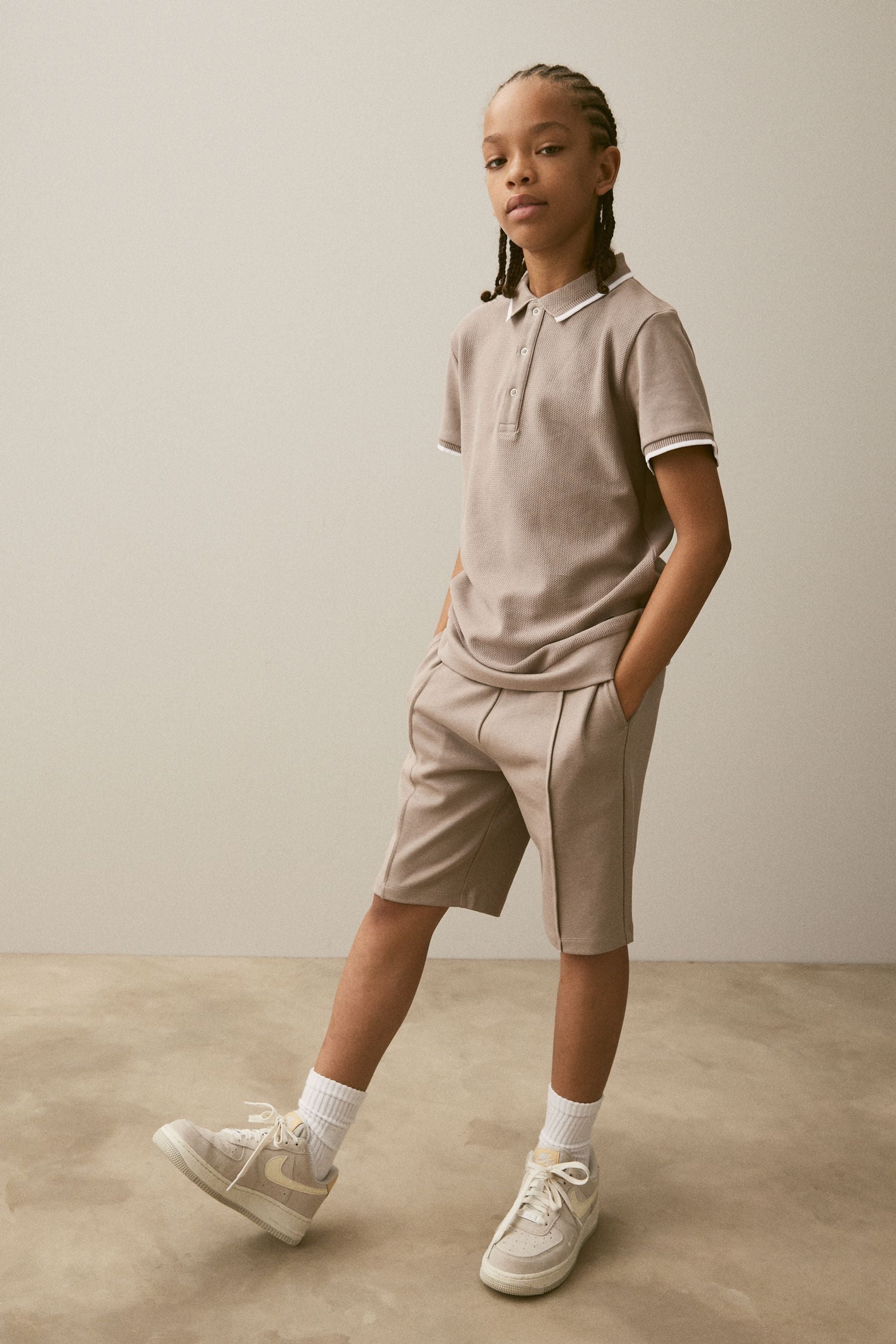 Stone Natural Textured Polo And Shorts Set (3-16yrs)