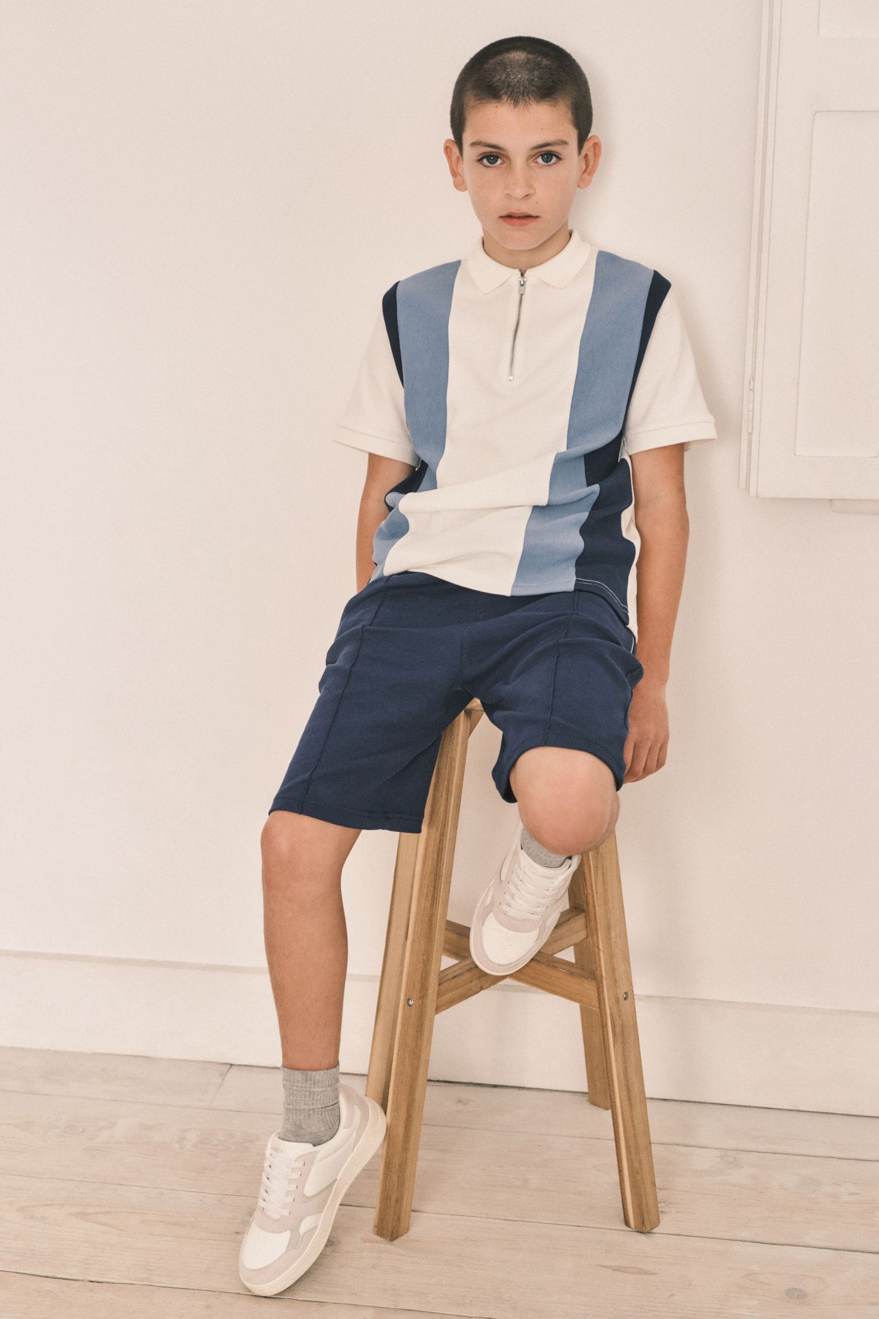 White/Blue Zip Neck Polo Shirt And Shorts Set (3-16yrs)