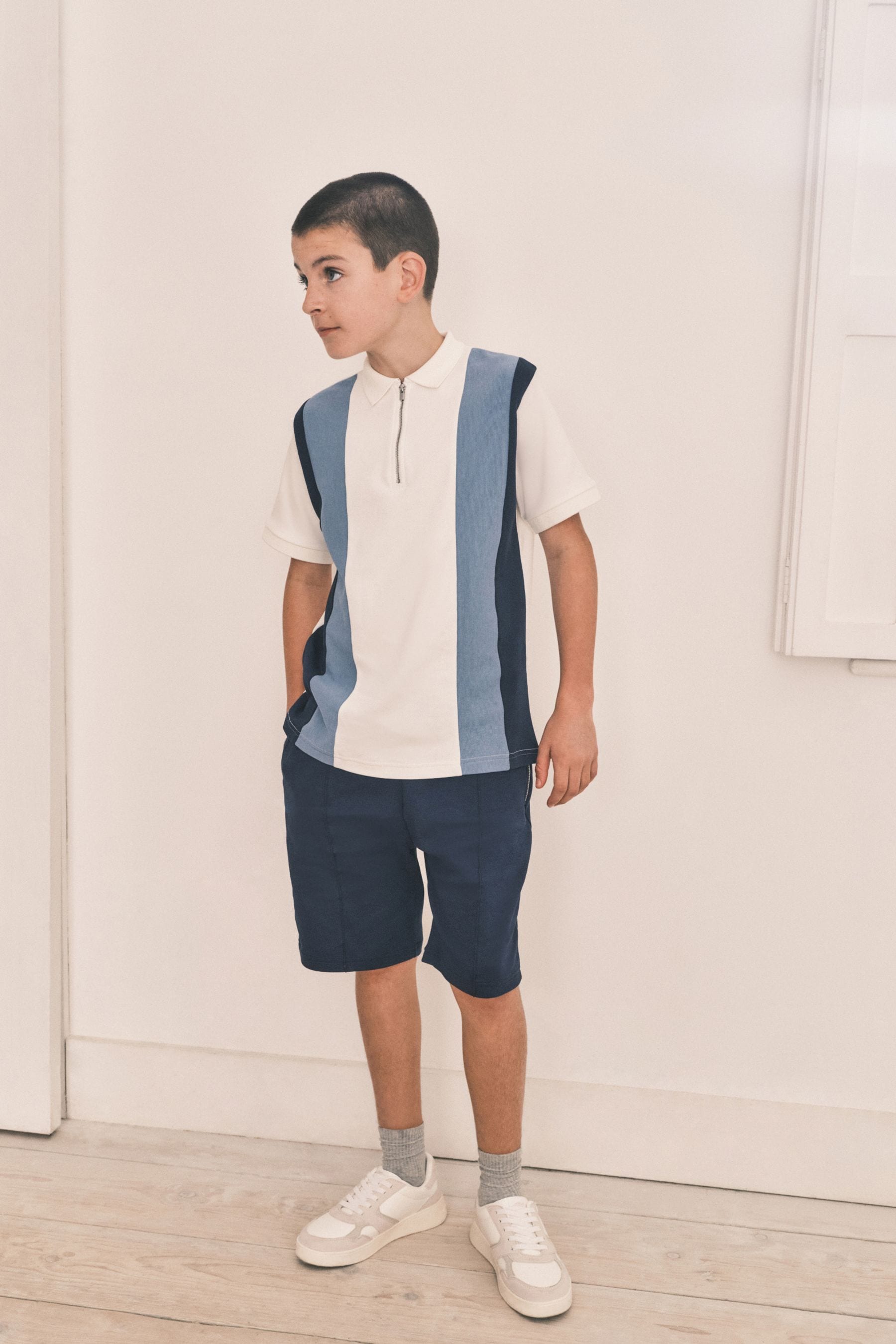 White/Blue Zip Neck Polo Shirt And Shorts Set (3-16yrs)