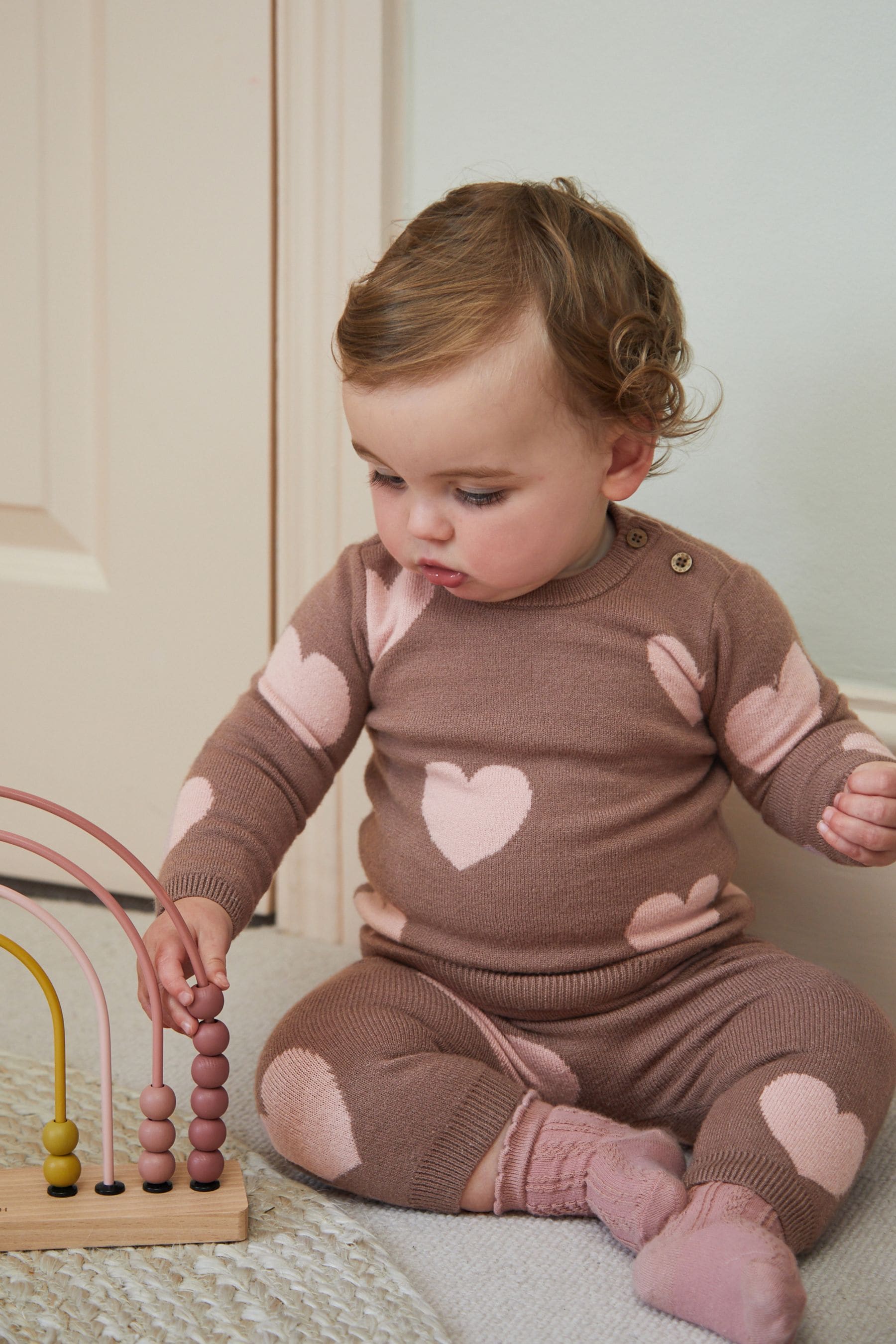 Chocolate Brown Heart Print Knitted Baby 2 Piece Set (0mths-2yrs)