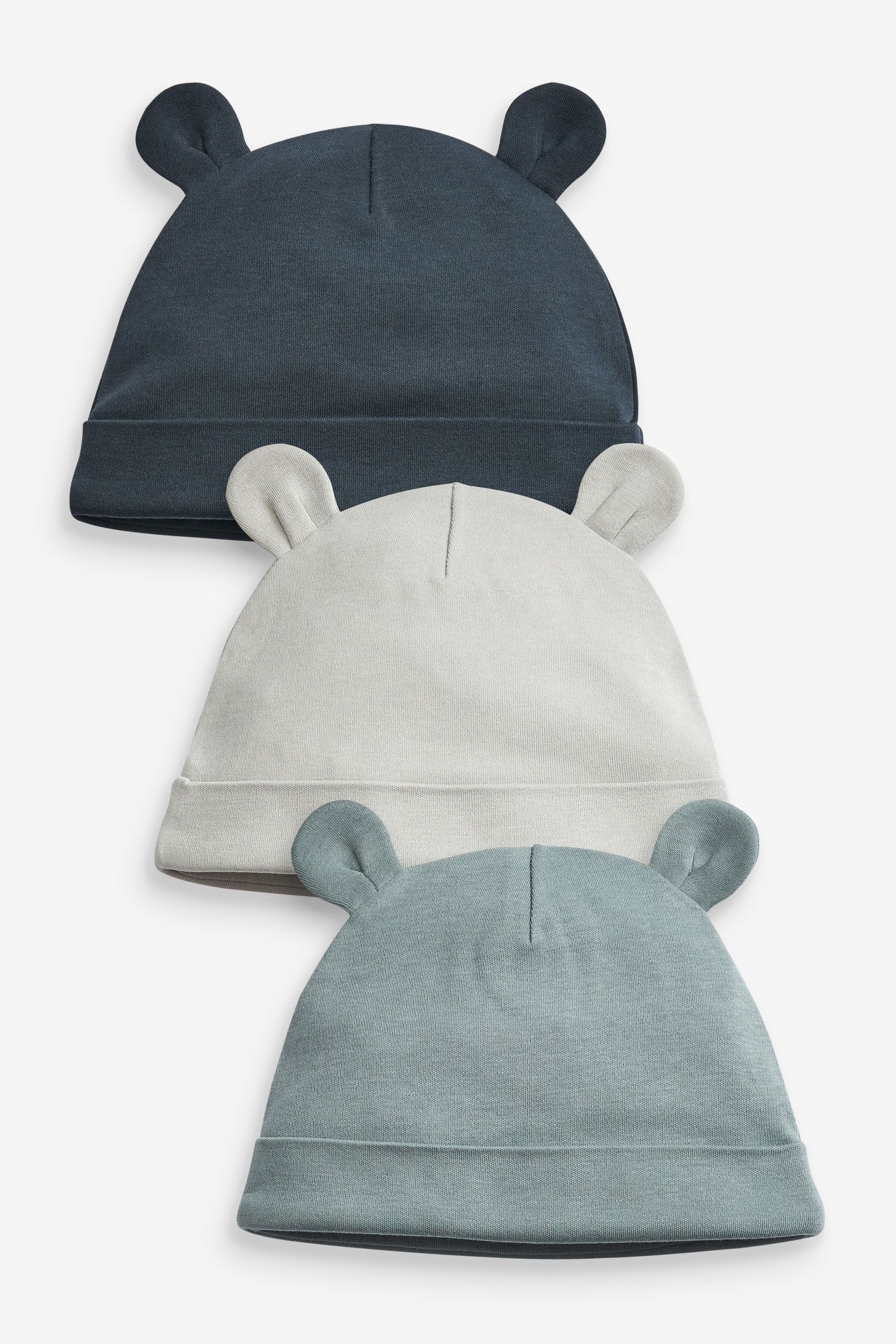 Blue Plain 3 Pack Baby Bear Ear Beanie Hats (0-18mths)