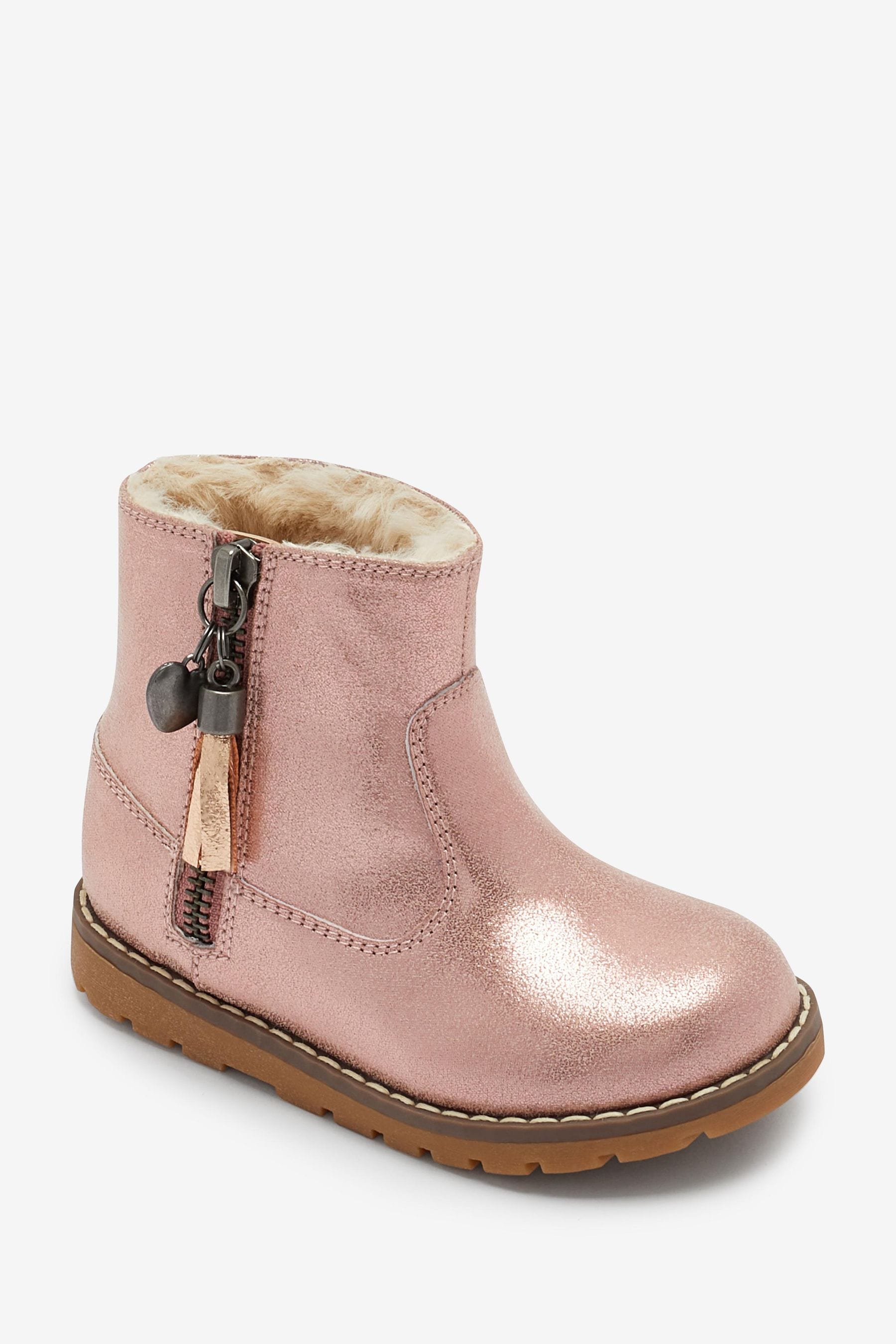 Rose Gold Pink Warm Lined Tassel Detail Zip Boots