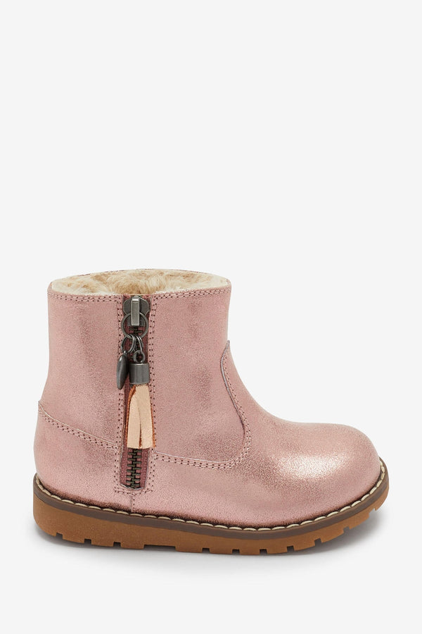 Rose Gold Pink Warm Lined Tassel Detail Zip Boots