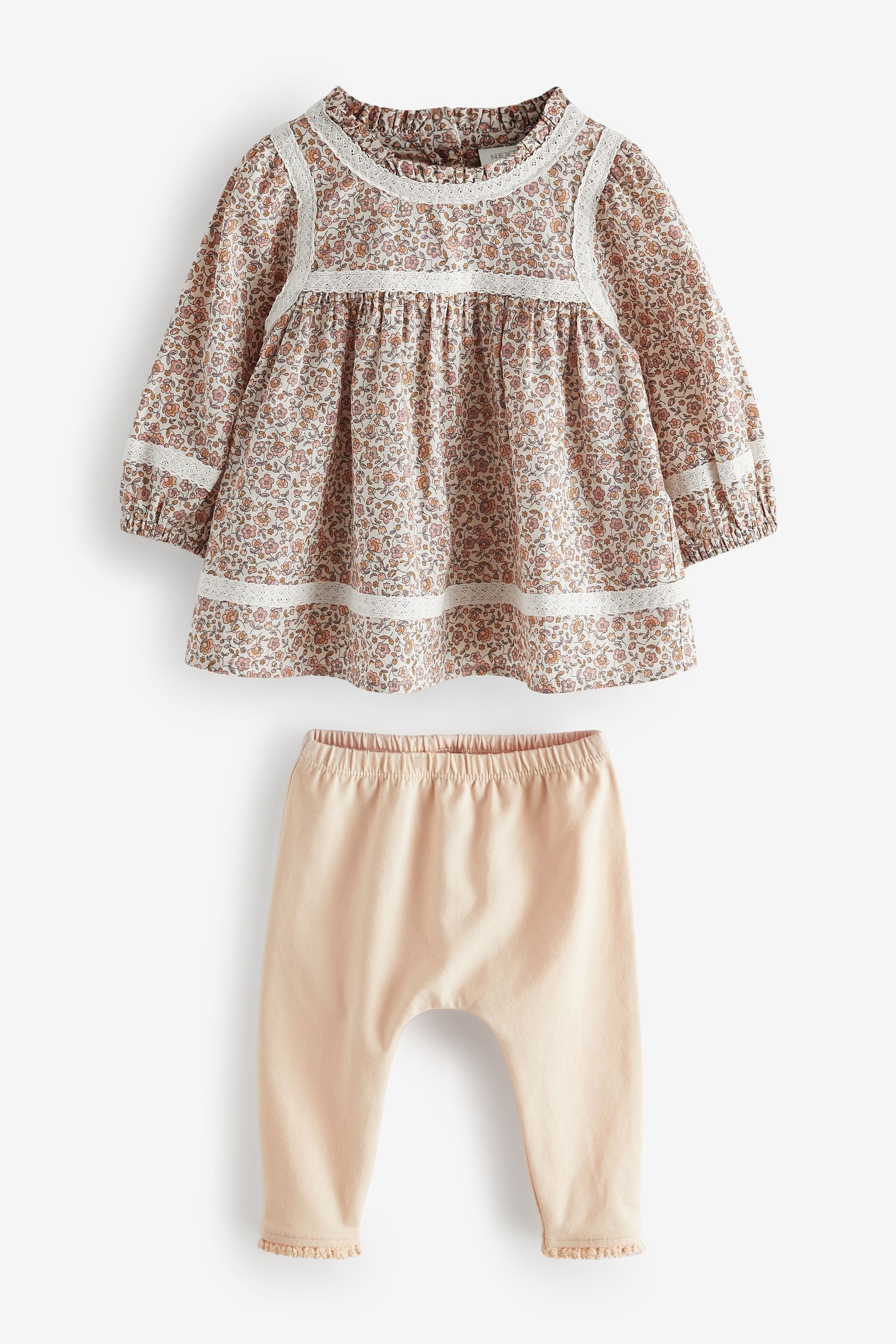 Ecru Cream Floral Baby Woven Blouse And Leggings 2 Piece Set