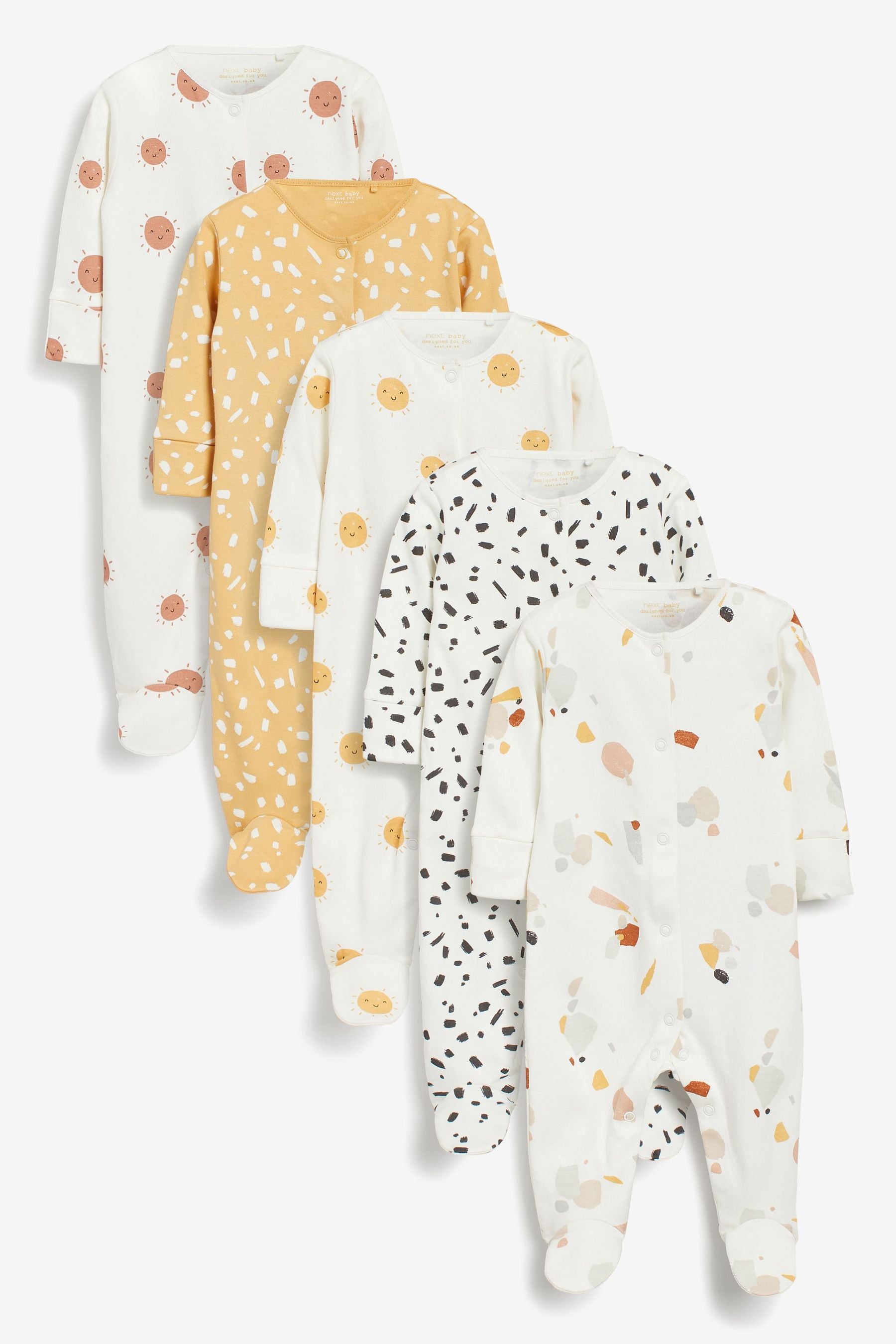 Yellow/Cream 5 Pack Printed Baby Sleepsuits (0mths-3yrs)