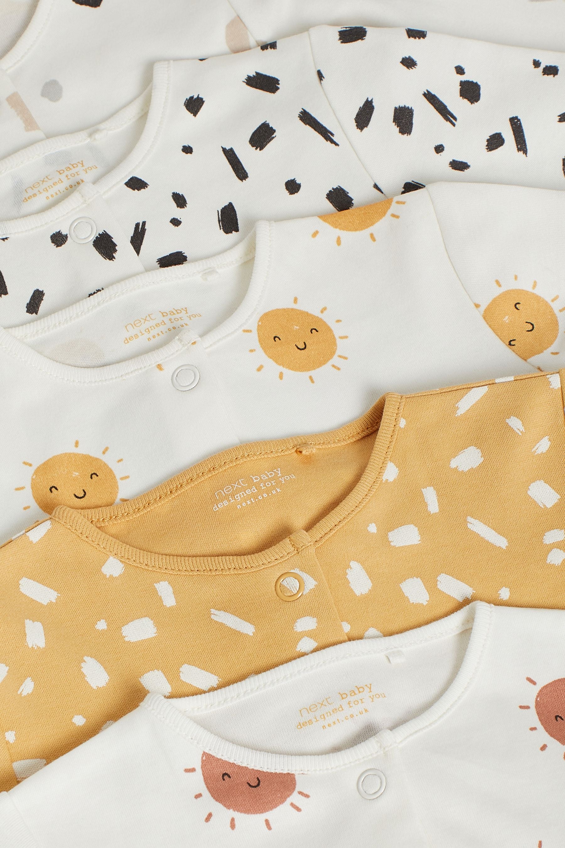 Yellow/Cream 5 Pack Printed Baby Sleepsuits (0mths-3yrs)