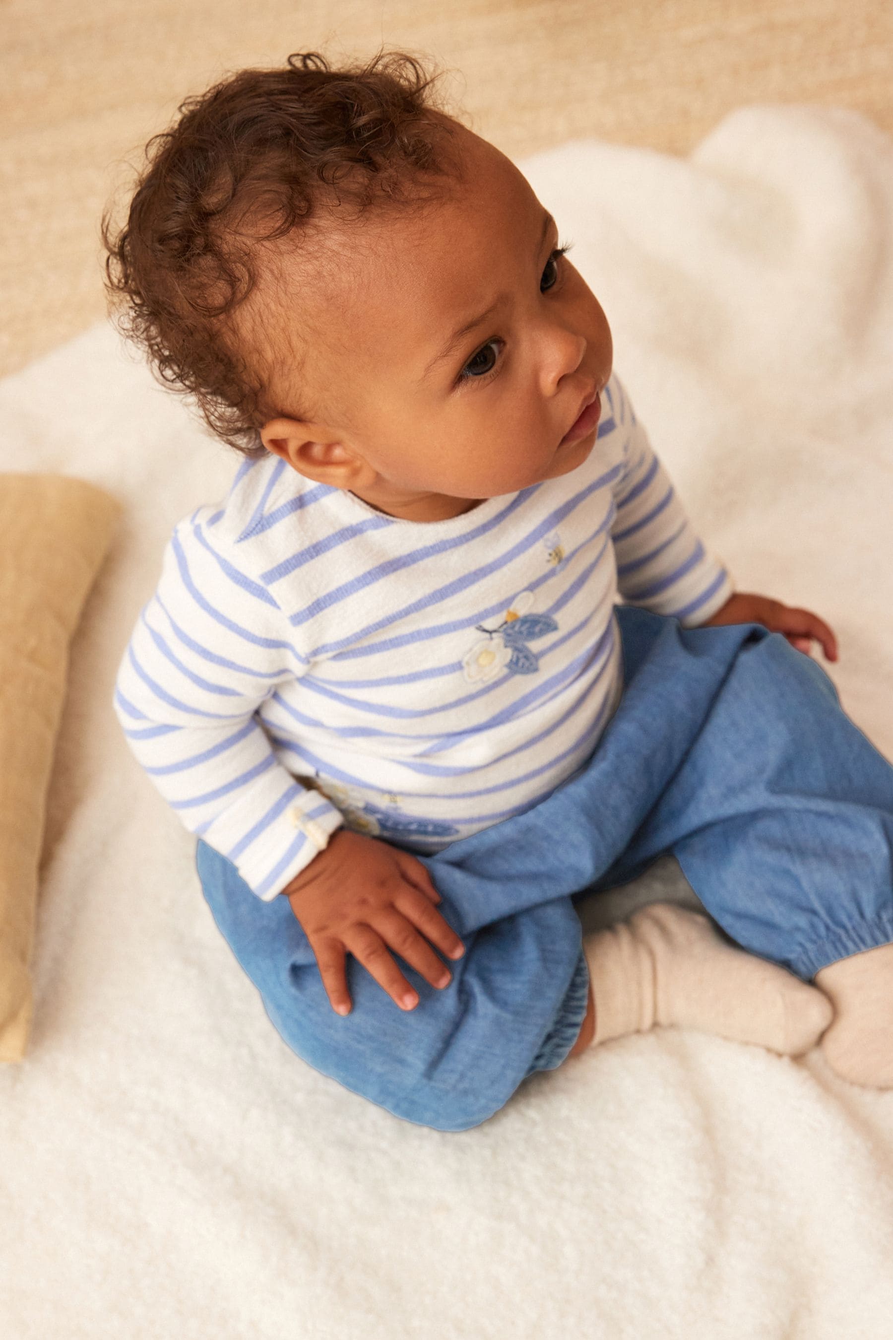 Blue/White Baby Top And Denim Trousers 2 Piece Set