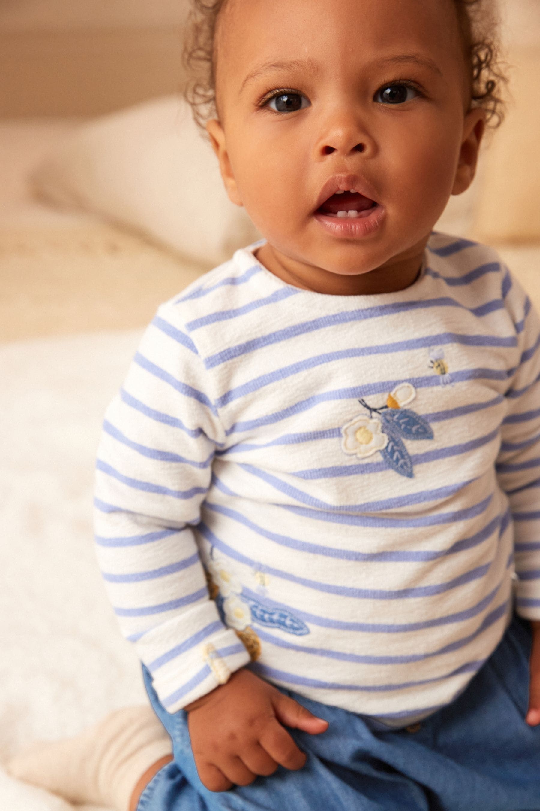 Blue/White Baby Top And Denim Trousers 2 Piece Set