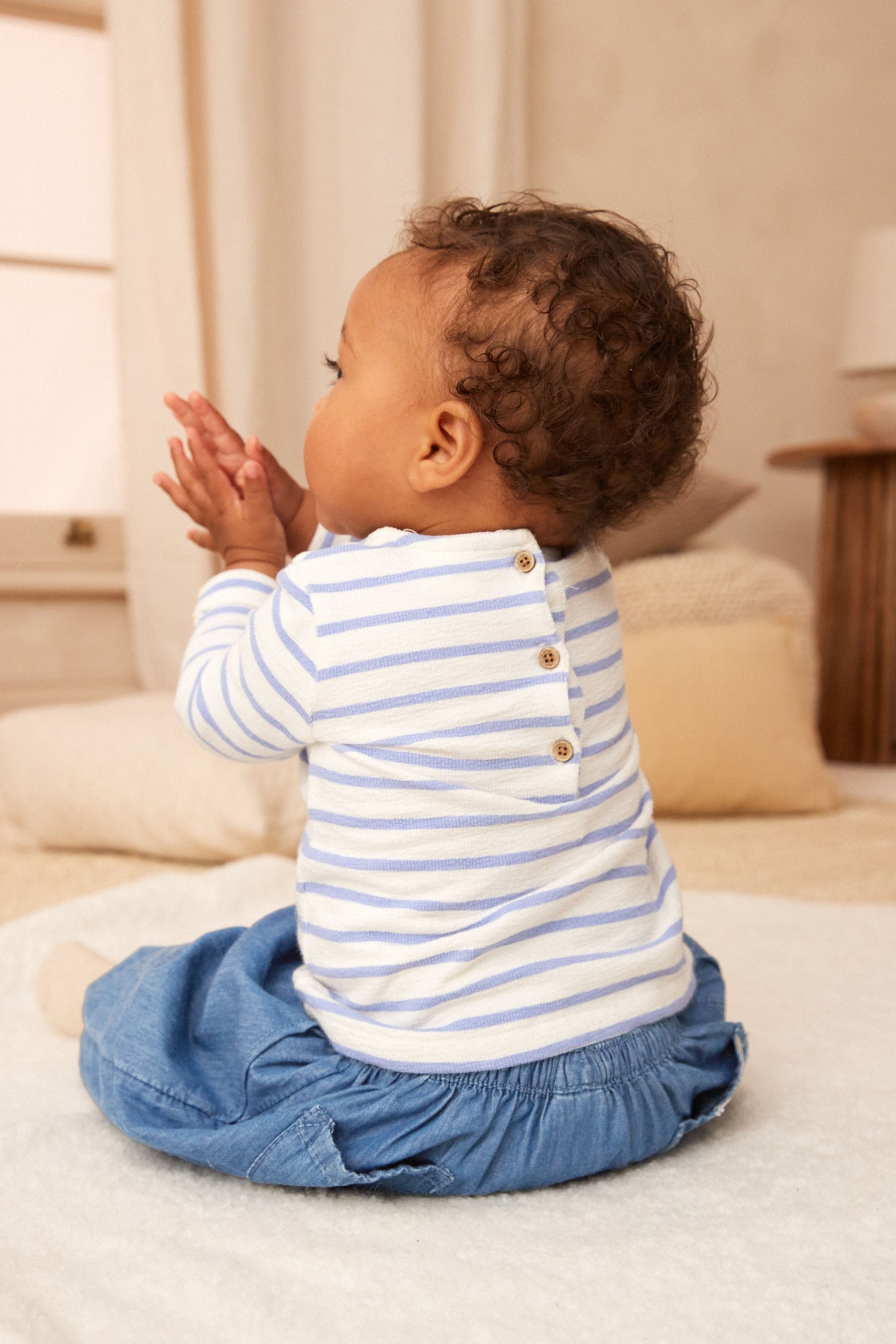 Blue/White Baby Top And Denim Trousers 2 Piece Set