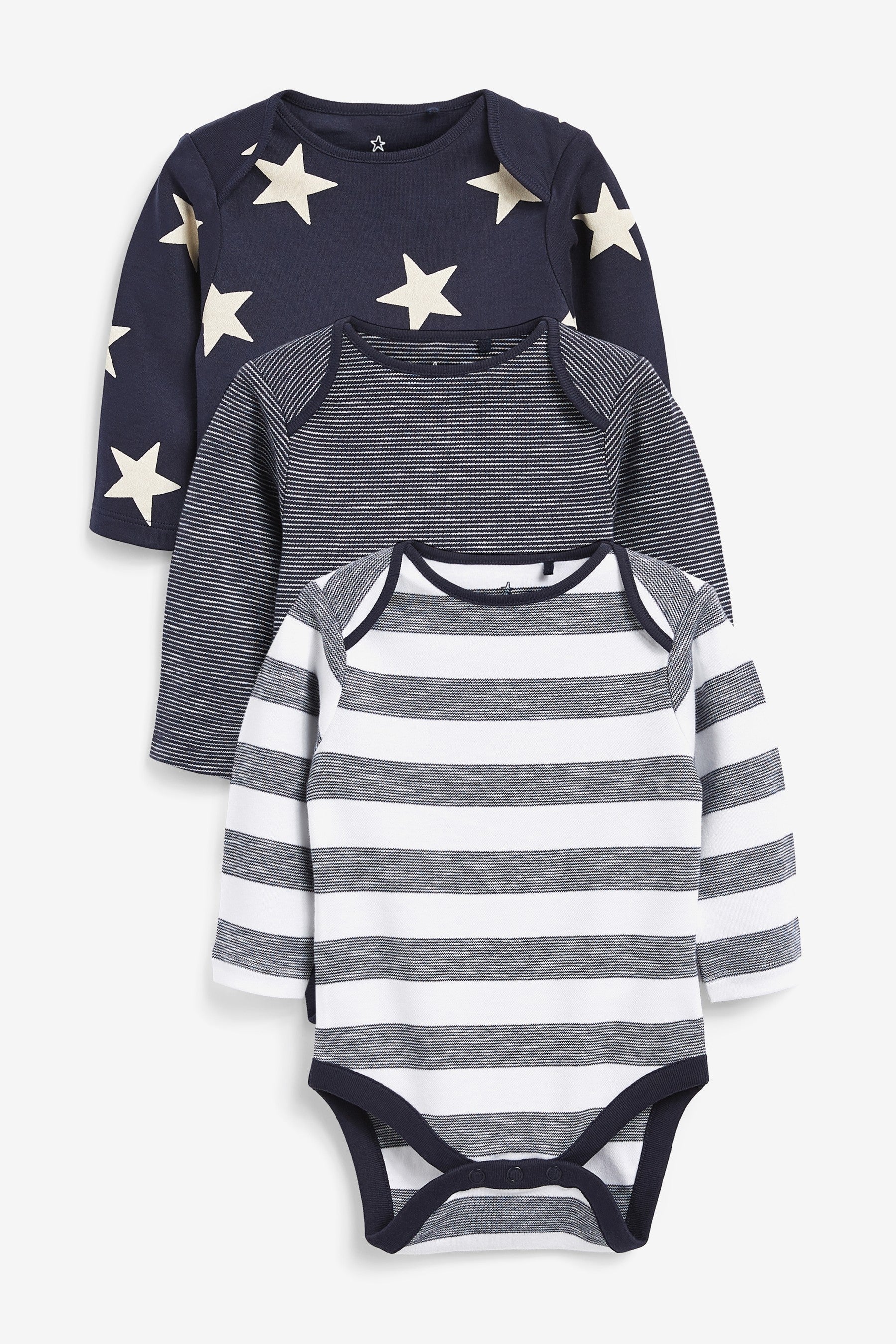 Navy Blue Star 3 Pack Baby Long Sleeve Bodysuits